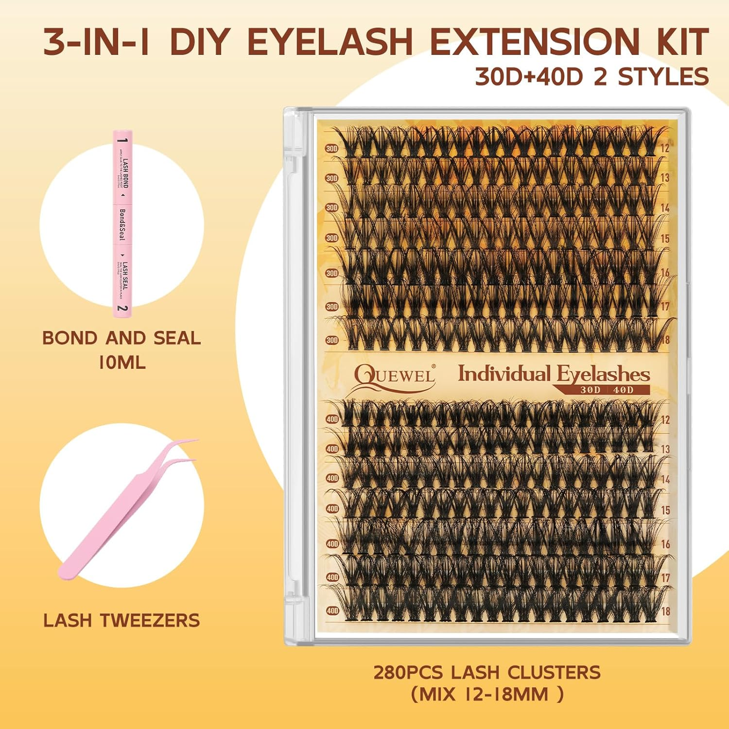 QUEWEL DIY Lash Extension Kit 280Pcs Lash Clusters Eyelash Extension Kit Mix 12-18Mm 30D 40D Individual Lashes Kit with Lash Bond and Seal and Tweezers for Easy DIY at Home(Dj-30+40D Kit) - Black-Rrjm-40D-Tz image number 7
