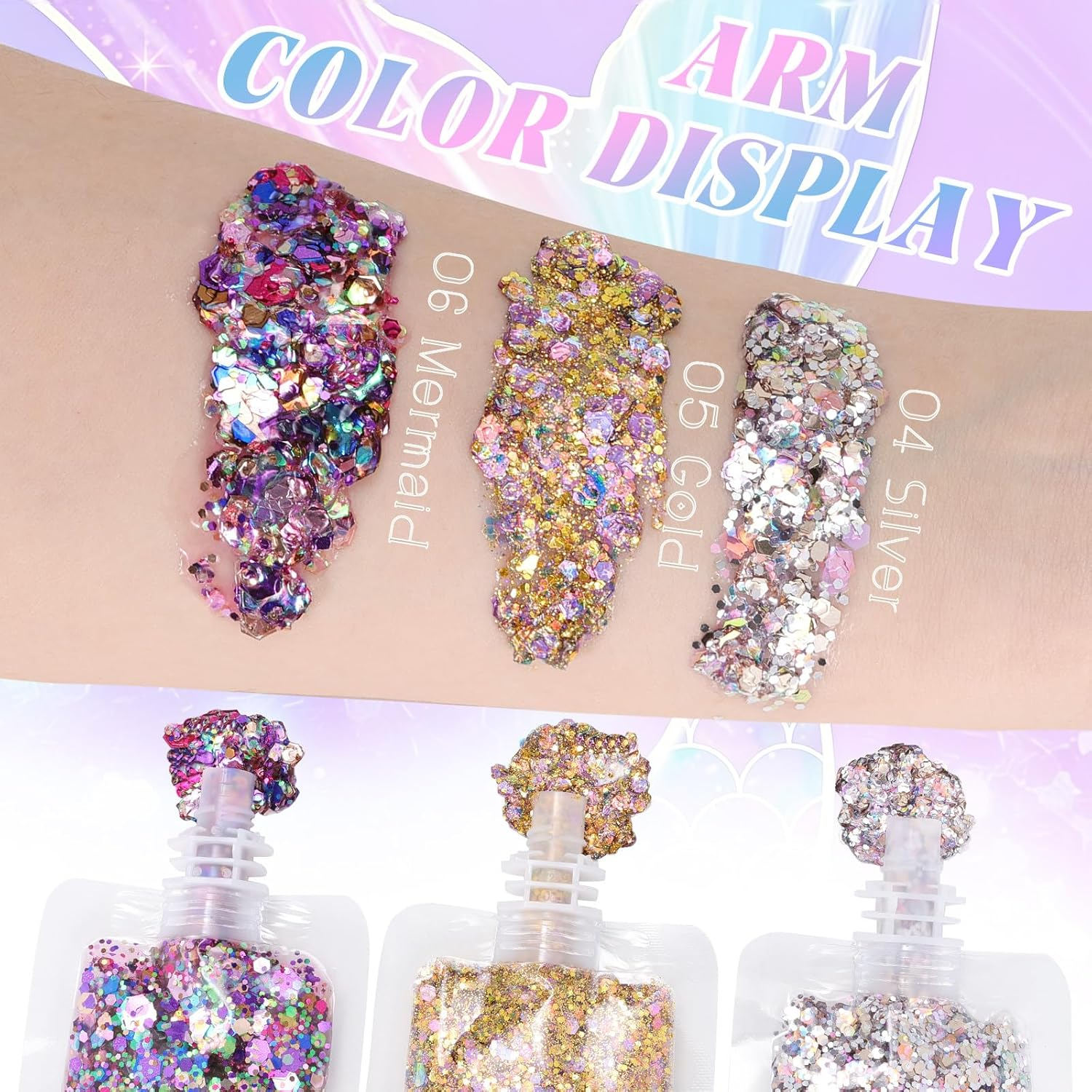 DAGEDA Mermaid Body Glitter Gel,Sparkly Face Hair Eye Glitter Makeup,Quick-Drying Body Shimmer Holographic Sequins, Singer Concert, Festival Rave Makeup Accessories image number 6