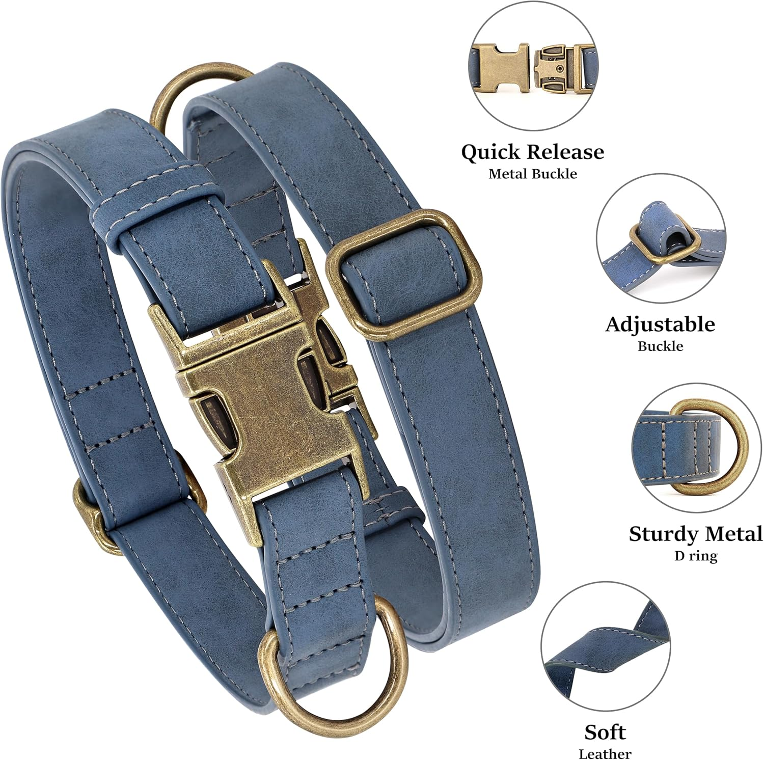 Didog Soft Leather Dog Collar, Durable Heavy Duty Dog Collars with Quick Release Metal Buckle, Adjustable Dog Collar Leather for Medium Small Dogs, Blue, M image number 5