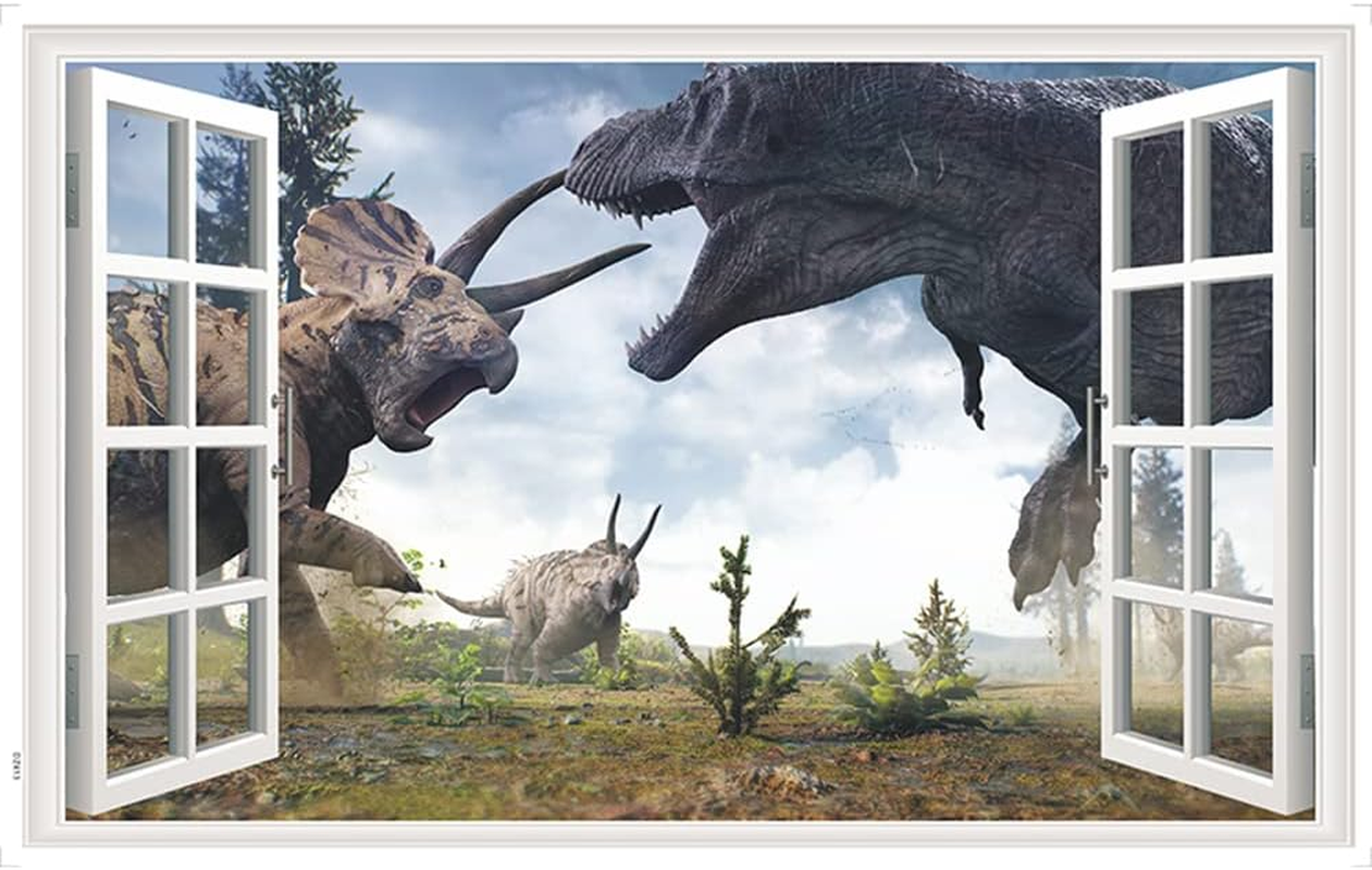 YOWOCAL 3D Watercolour Dinosaur World Fake Windows Wall Sticker,Self-Adhesive Removable Open Windows Wall Decals for Kids Nursery Bedroom Playroom Home Classroom Decor（27''X17''） image number 4