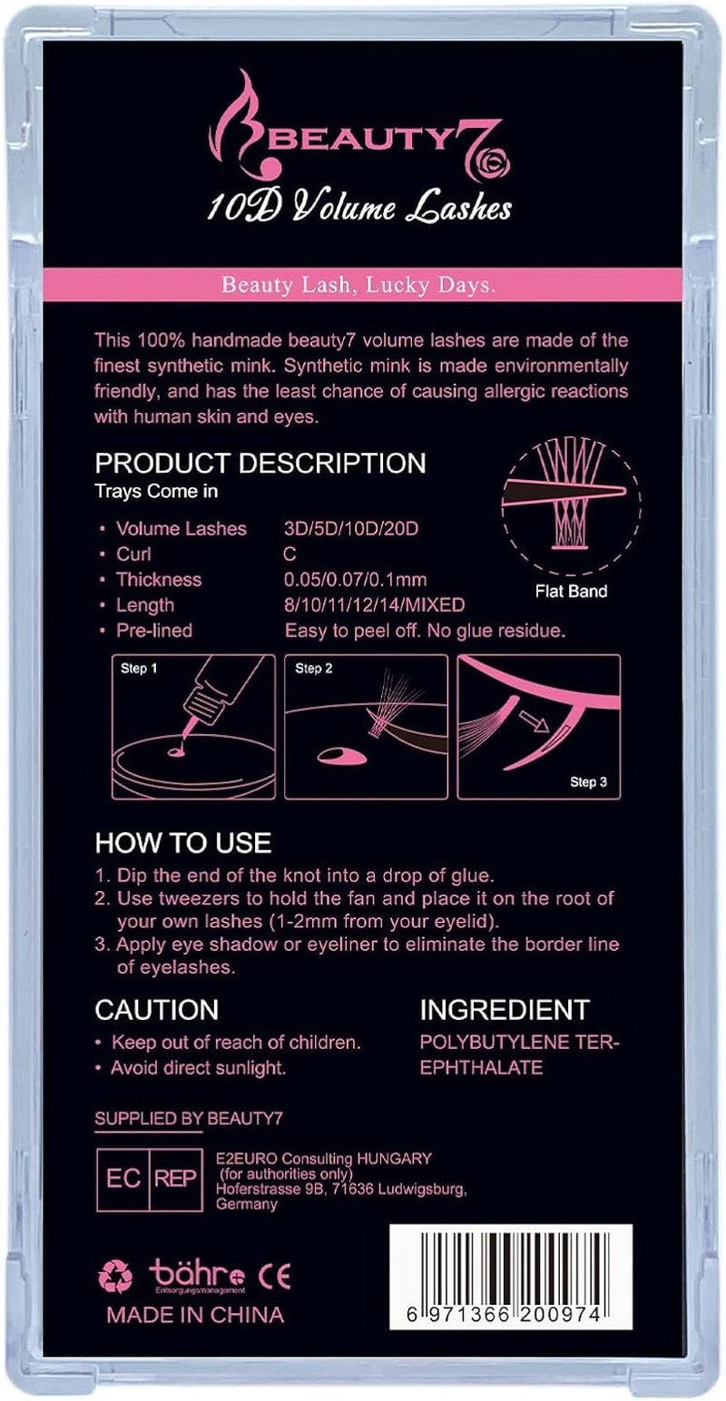 Beauty7 3 Boxes Premade Fans Eyelash Extensions 10D C Curl Volume Lashes Wide Stem Synthetic Mink Individual Fans Lashes for Eyelash Extensions 0.07Mm Thickness / 8-15Mm Length 100 Fans/Box