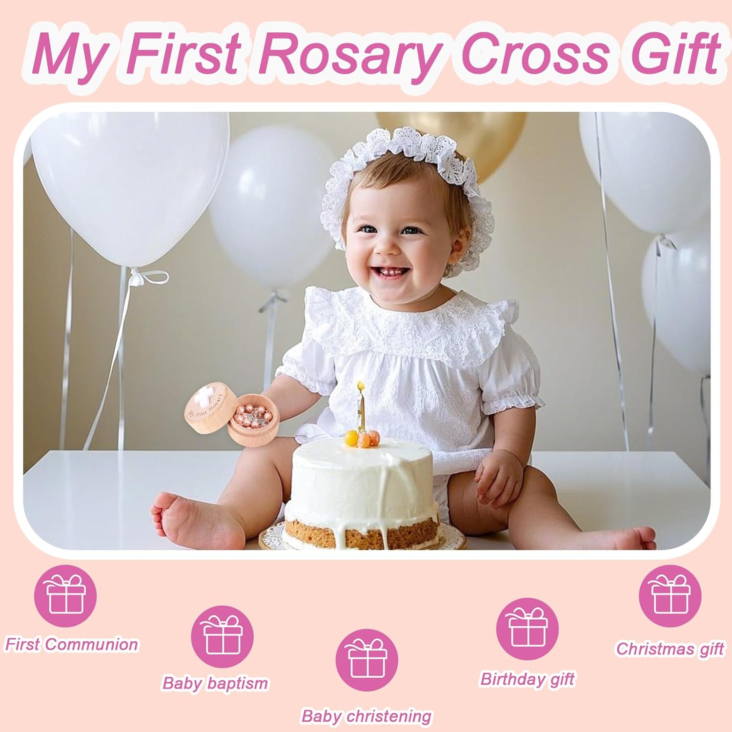 My First Rosary Baptism Gifts, Baptism Memorial Box & Rosary Bracelet with Angel Wings Catholic First Communion Christening Beads Gifting Set for Baby Shower image number 1