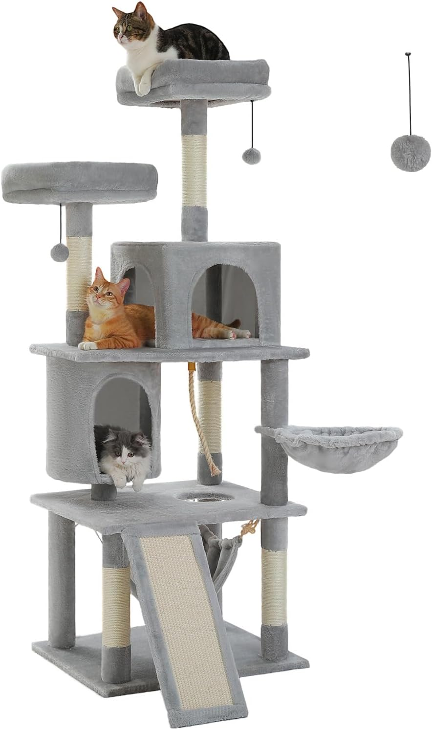 PAWZ Road 161Cm Large Cat Tree, Multi-Level Cat Tower with 2 Luxury Condos, 2 Cozy Perches and Hammock Grey image number 3
