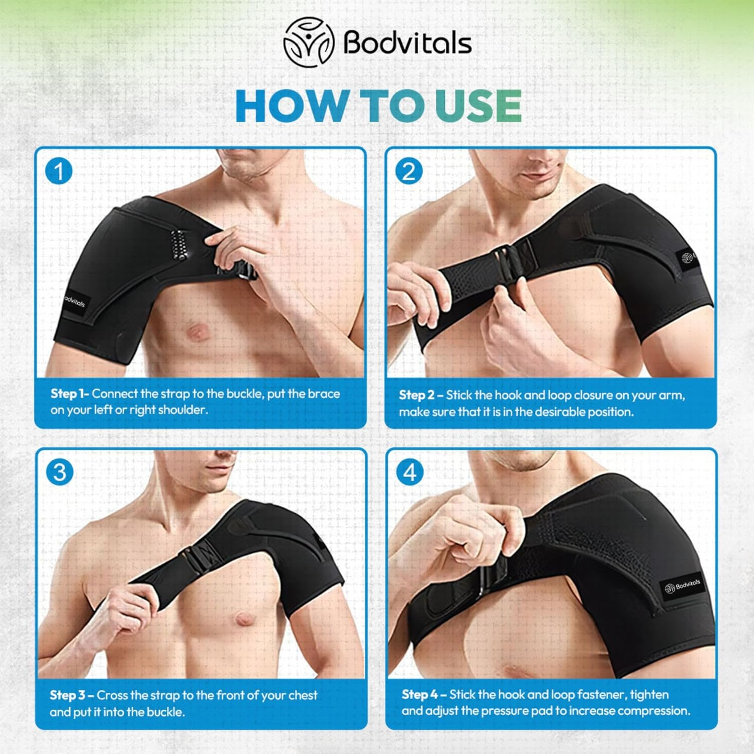 BODVITALS Shoulder Support Strap | Compression Shoulder Bandage with Pressure Pad for Men, Women | Adjustable Fit Shoulder Support Sleeve Wrap | Shoulder Stabilizer Wrap for Support