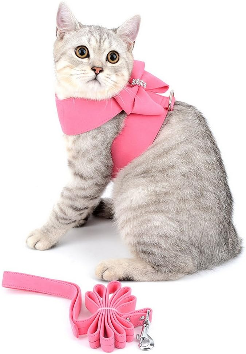 SELMAI Small Pet Dog Cat Bling Rhinestone Harness and Leash Set Bowknot Soft Ultra Suede Leather, Adjustable/No Pull Pink M
