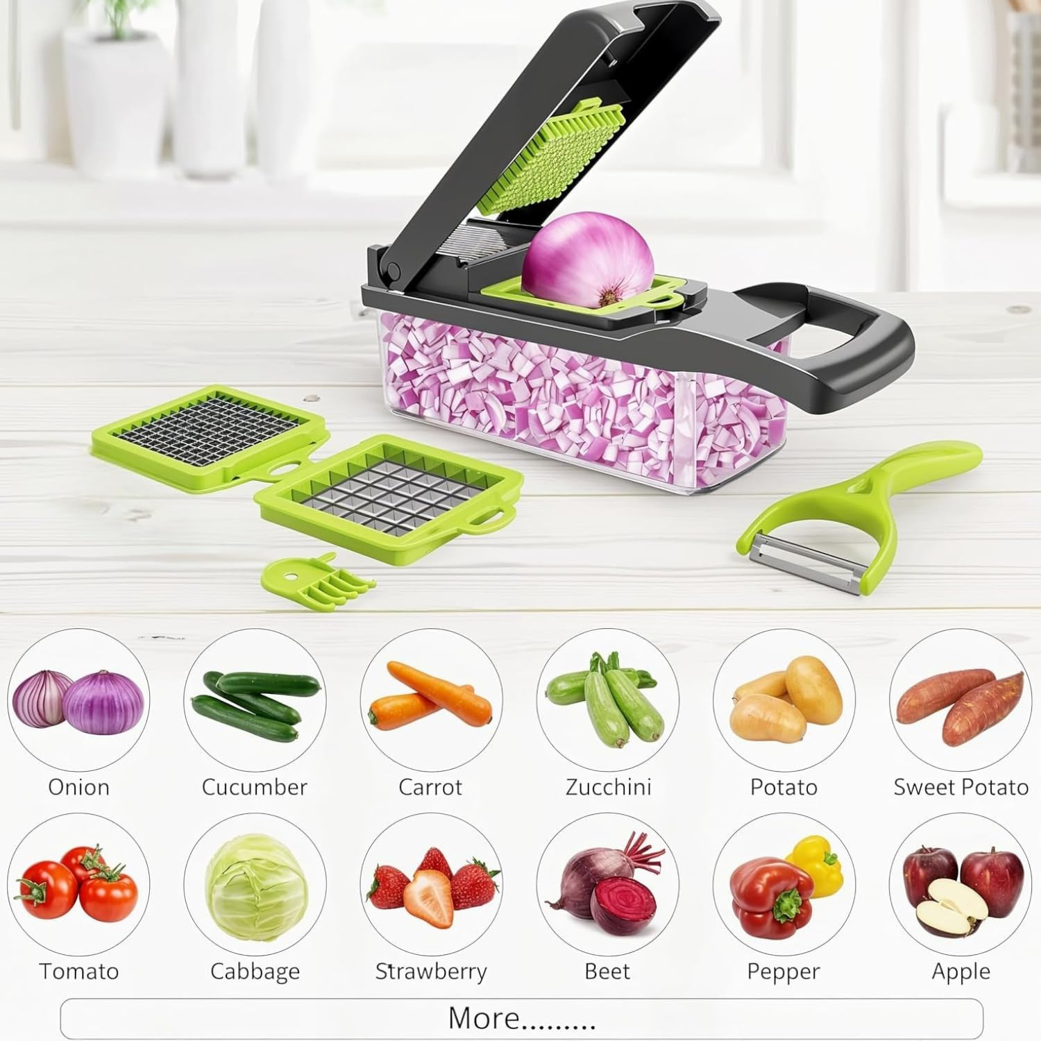 Vegetable Chopper, Multifunctional 16 in 1 Food Chop Onion Chopper Vegetable Slicer Cutter Dicer Veggie Chopper + 8 Blades,Colander Basket,Container for Salad Potato Carrot Garlic (Green+Black+White) image number 3