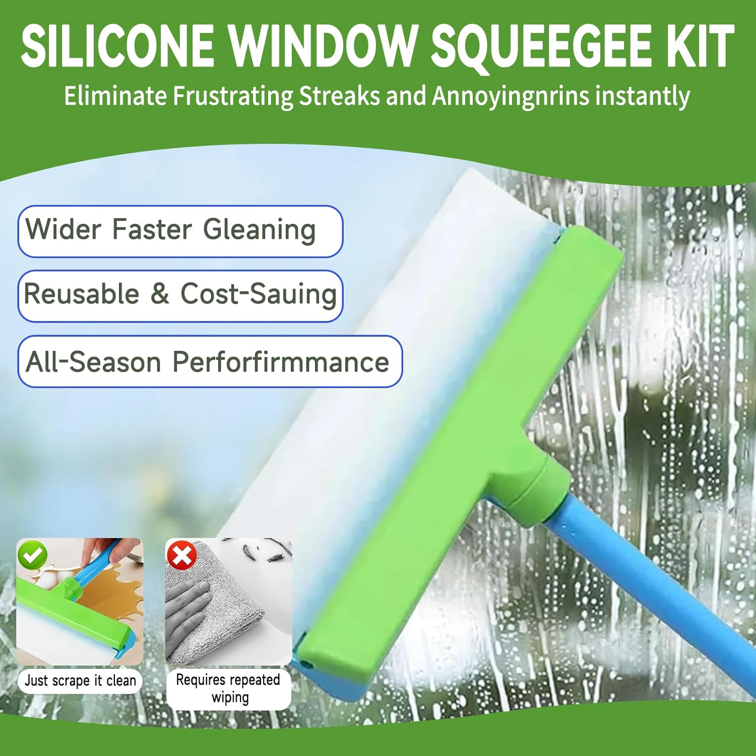 Window Cleaning Kit 3-In-1 Set Silicone Window Squeegee Kit Silicone Blade + Microfiber Cloth Material Excellent Water Stain Removal Suitable for Shower Glass Mirrors Cars Solar Panels image number 5