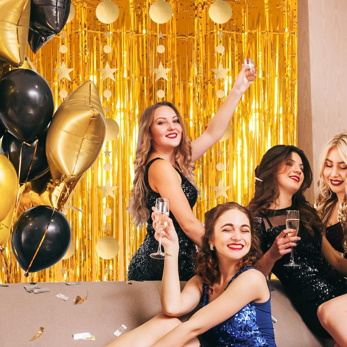 3.2X8.3Ft Glitter Tinsel Curtain Hanging Decorations Set, Door Tinsel Foil Fringe Curtain Streamers for School Graduation Birthday Hen Photo Banner Christmas Party (Gold)