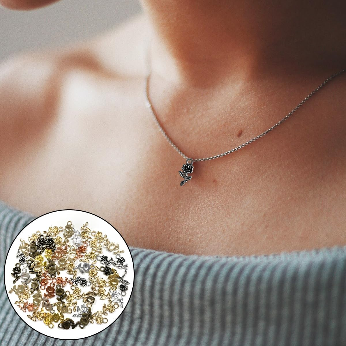 BEZANU Vintage Rose Charms, 60 PCS Retro Alloy Rose Pendant for DIY Jewelry Making, Art Craft, Handmaking (6 Colors) image number 1