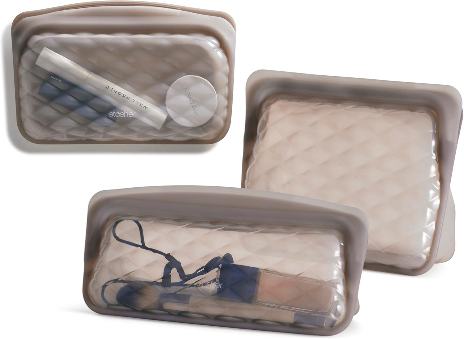 Stasher Premium Silicone Reusable Makeup Bags 3-Pack, Taupe, Beauty & Travel Toiletry Bag, Storage Bag Organizer, Dishwasher & Heat Safe, TSA Friendly, BPA Free, Leak-Free, Eco Friendly image number 6