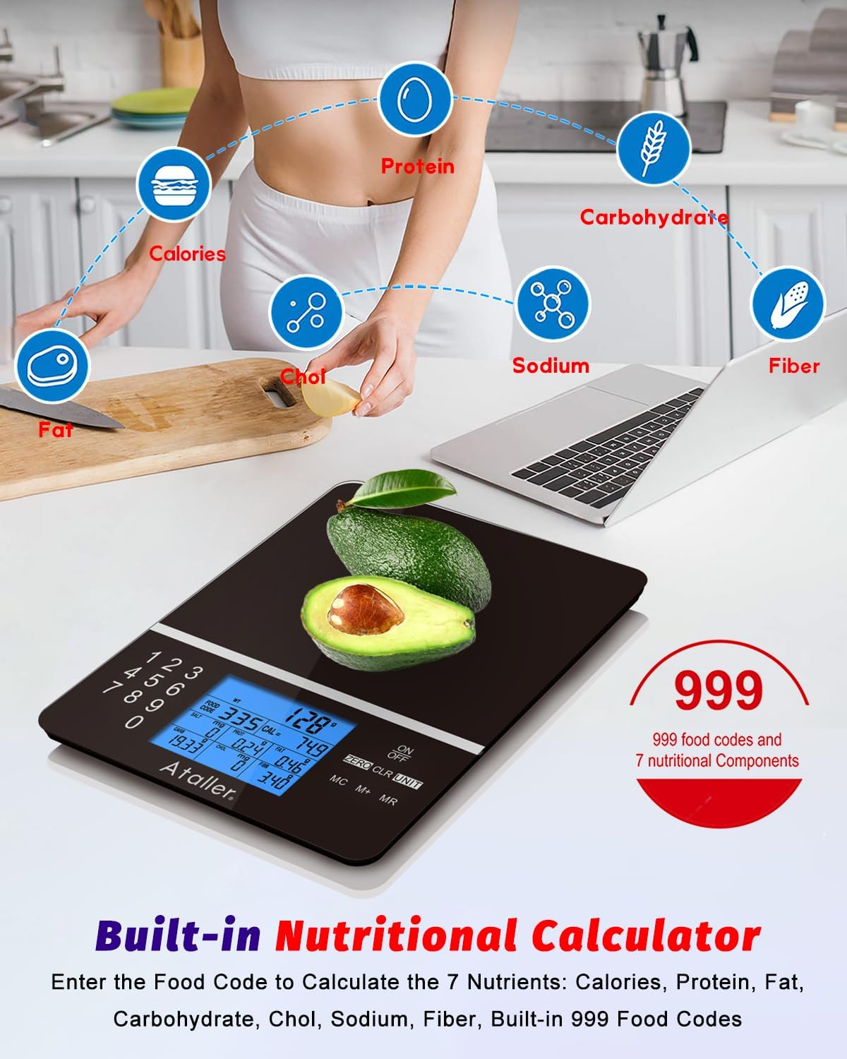 Ataller Food Scale with Nutritional Calculator, Kitchen Diet Scale, Digital Food Calorie Counting Scale for Meal Prep, Kitchen, Baking, Weight Loss, Resolution 1G, Max 5Kg 11Ib, Tempered Glass, Black image number 3