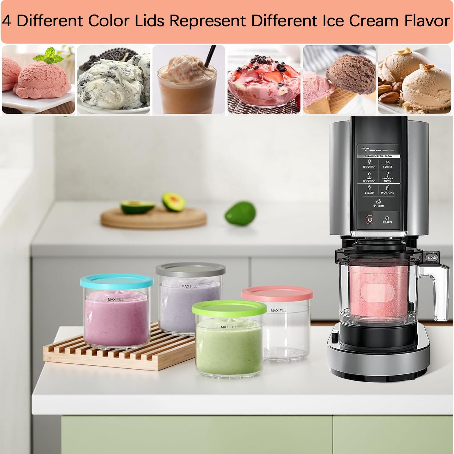 4 Pack Pints and Lids for Ninja,16 Oz Creami Containers,Compatible with Inja Creami NC301 NC300 NC299AMZ Series, Creamy Icecream Containers Cups Set with Lids and Scoops for Home Kitchen image number 1