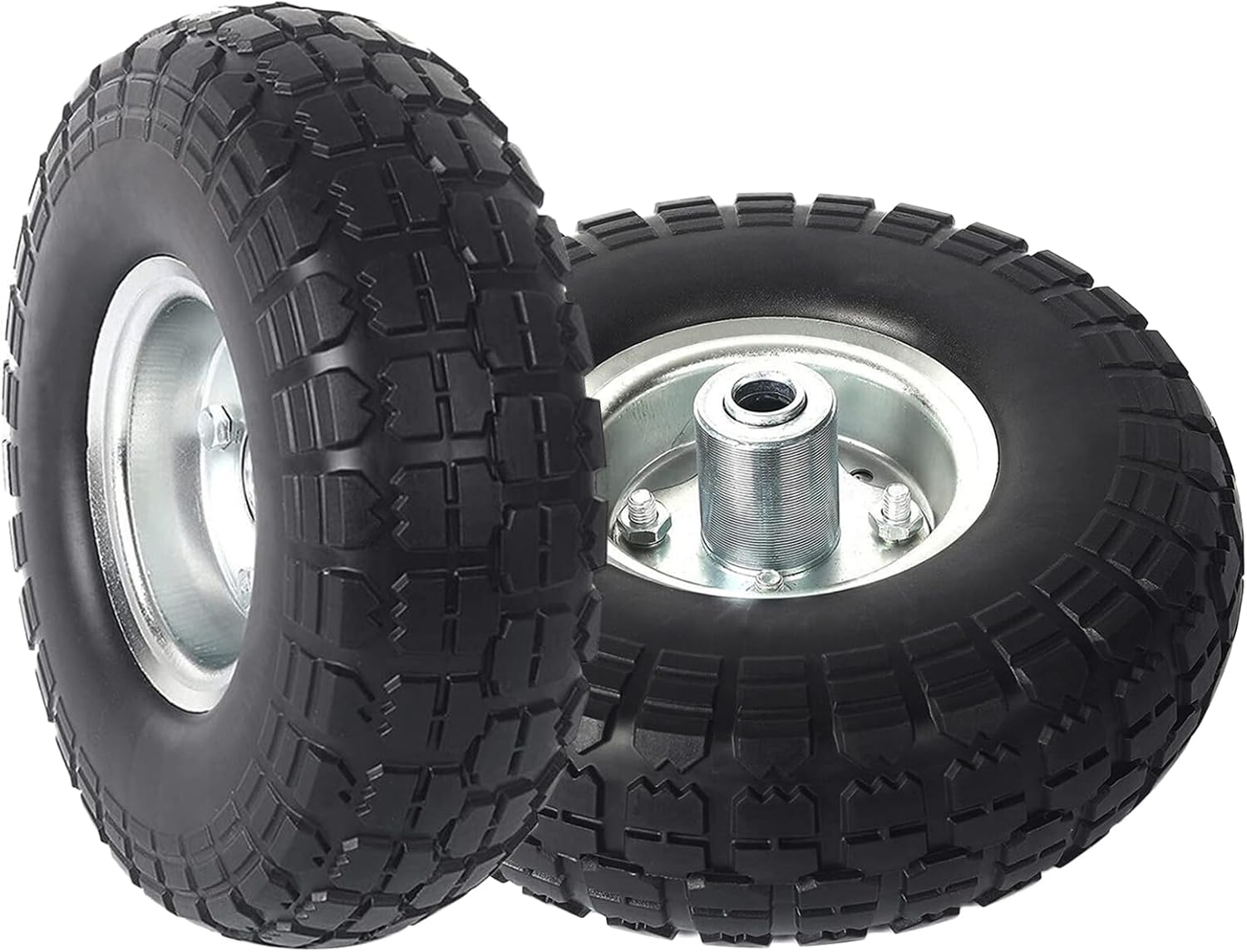 2 Pack 10" Flat Free Tires Solid Rubber Tyre Wheels, 4.10/3.5-4 Air Less Tires Wheels with 5/8" Center Bearings for Hand Truck, Trolley, Wheelbarrows, Garden Cart, Black image number 4