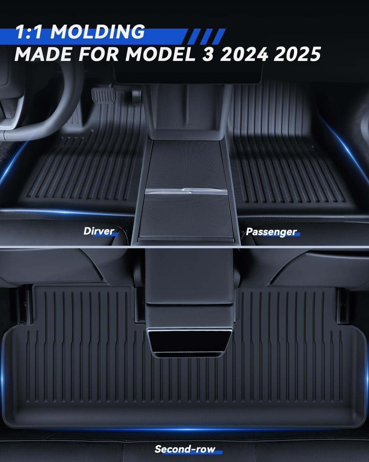 VINBY Floor Mats Made for Tesla Model 3 2024 2025, Original 3D All-Weather Anti-Slip Waterproof Full Coverage Floor Pad Set, Suitable for Tesla Model 3 Highland Accessories 2024-2025,Black