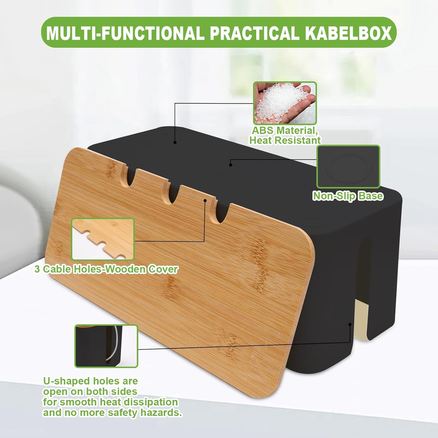 2 Pack Cable Management Box,Cord Organizer with Bamboo Cover for TV Wires,Computer,Router,Usb Hub,Under Desk Power Strip& Cords (Black) image number 6