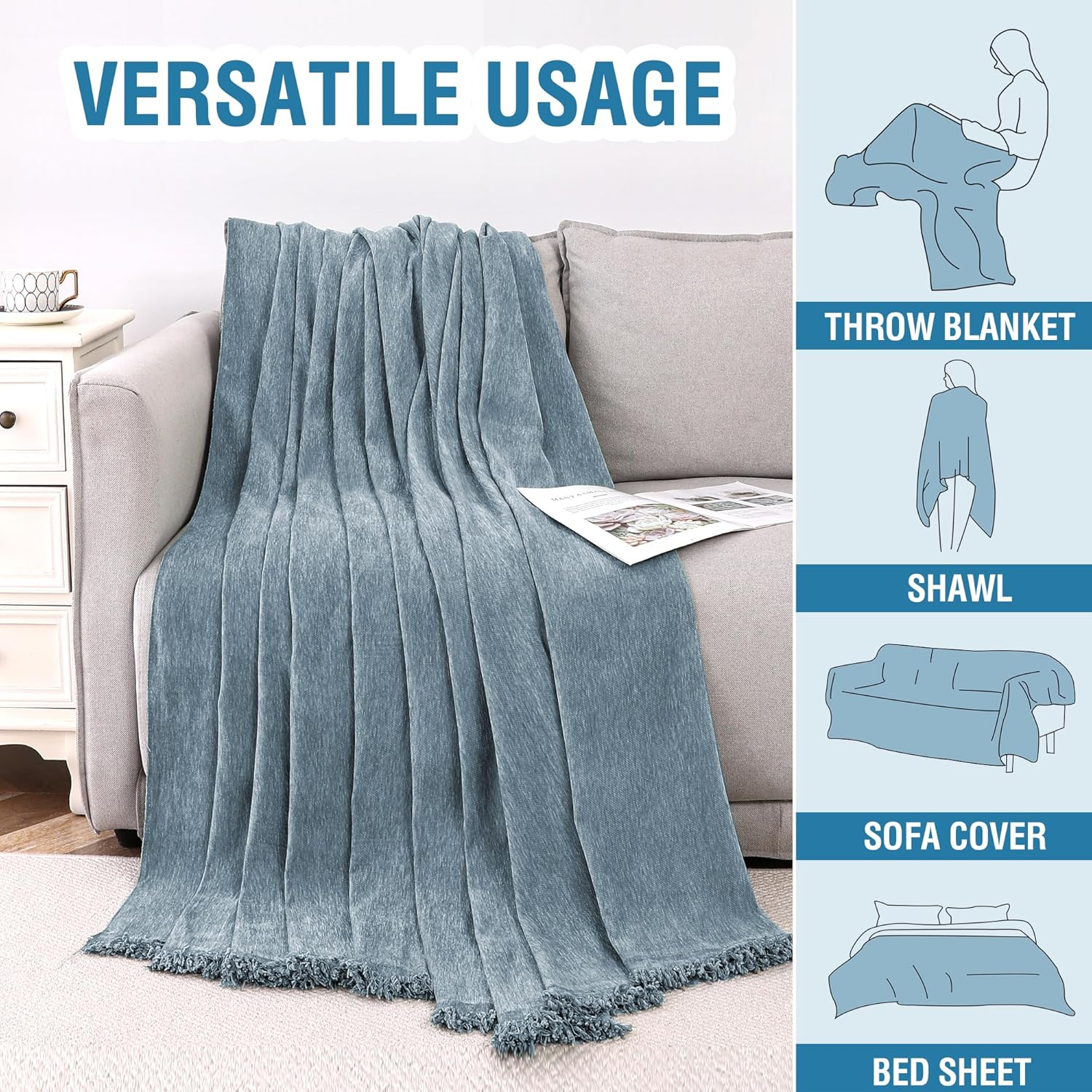 Smarcute Sofa Cover Chenille Couch Cover for 3 Cushion Couch Washable L Shped Sofa Cover for Living Room Tear Resistance Loveseat Cover Throw Covers for Dogs(Xx-Large,180X381Cm,Stone Blue) image number 5