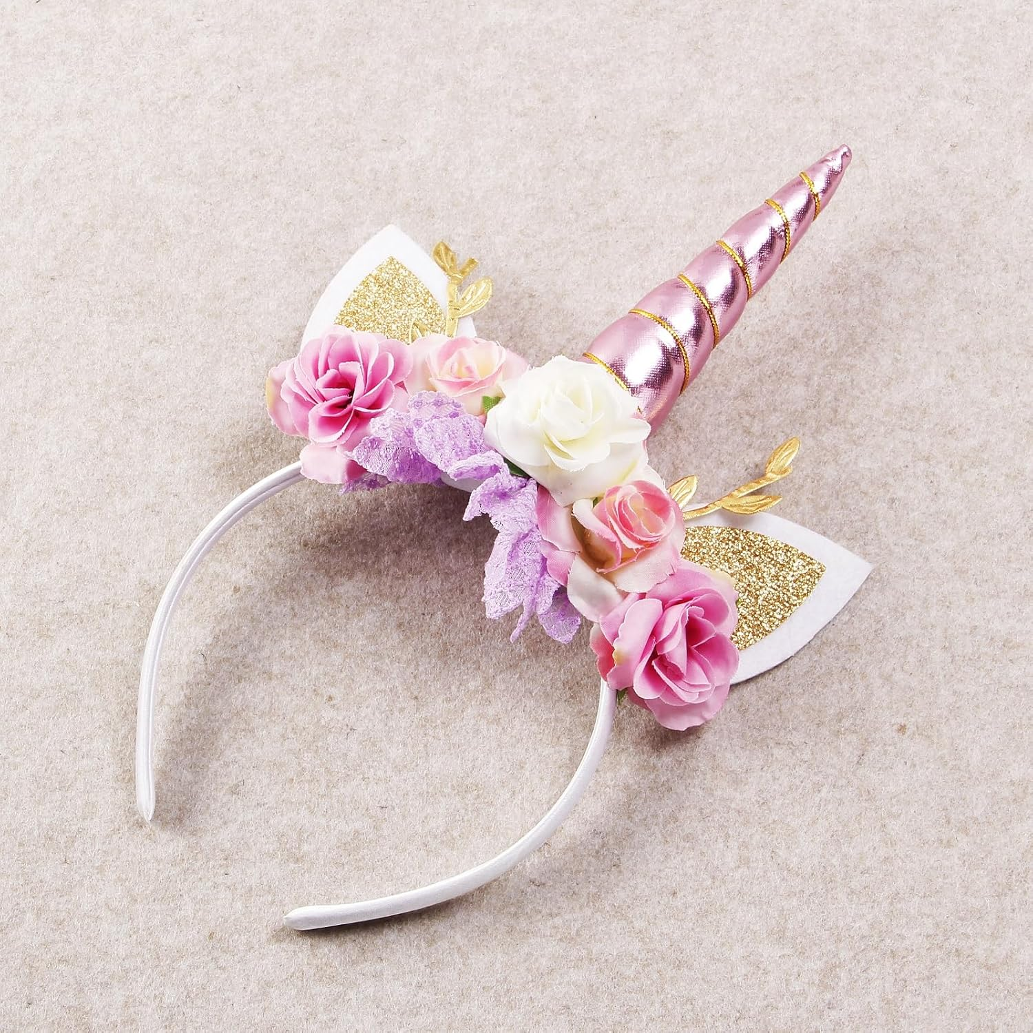 Nishine Unicorn Horn Floral Headband Glitter Ears Pony Headbands Tiara for Girls Party Birthday Cosplay image number 2