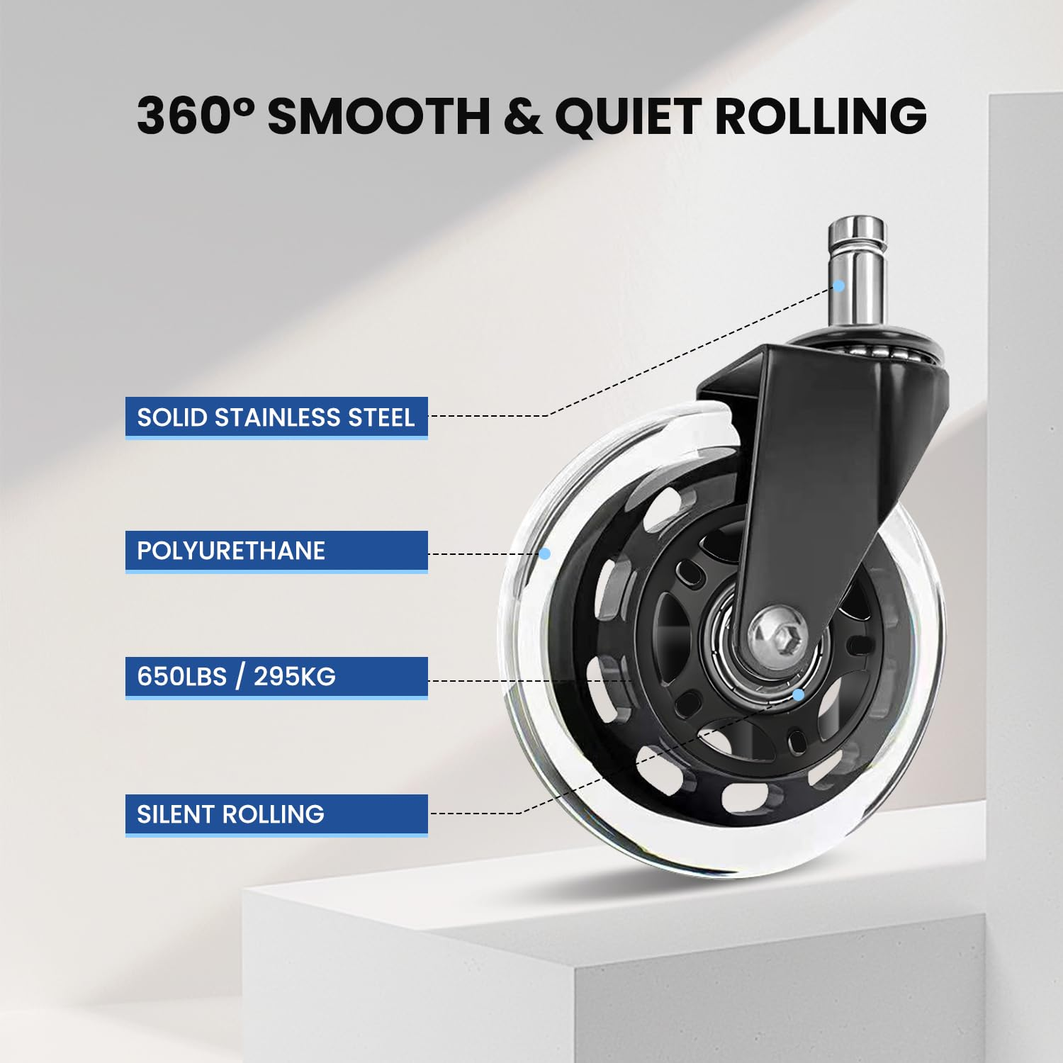 Office Chair Wheels (5Pcs), Necomi Office 3 Inch Replacement Chair Wheels 11X22Mm Replacement Desk Chair Wheels for Hard Floor Casters 5 Piece Heavy Duty Wheel Replacement Set image number 1