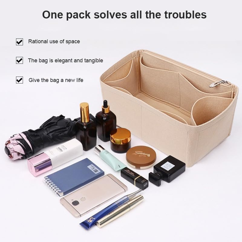 Lckaey Purse Organizer Insert for LV NOE BB Petit NOE NM Storage Bag Organizer with Zipped Pocket Y059Khaki-Medium image number 4