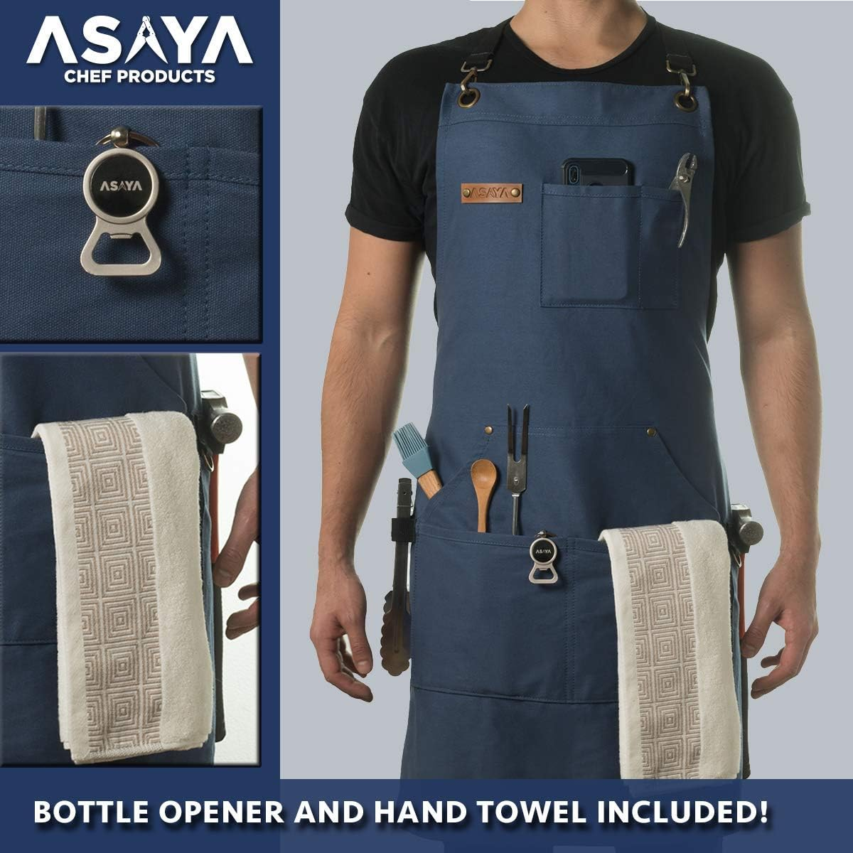 Asaya Chef Apron for Men and Women + Hand Towel and Bottle Opener - 10Oz Canvas image number 3
