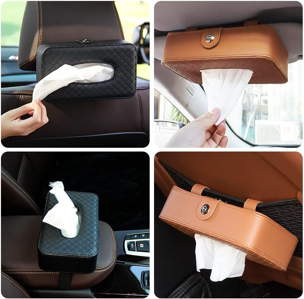 Classic Black PU Leather Car Tissue Holder, Rectangular Wipes Dispenser for Universal Auto, SUV, Model 3, Model Y image number 5