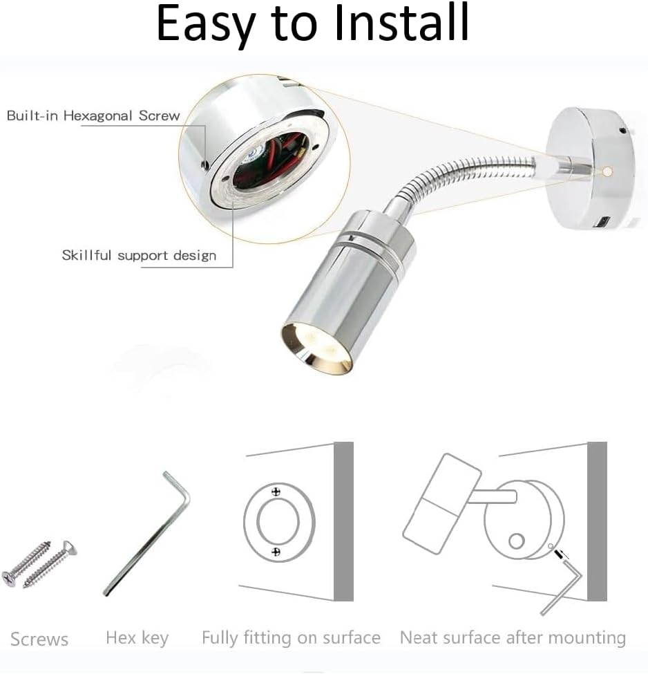 12V/24V RV Boat Reading Lamp, 3 Color Temperature Touch Dimming Bedside Reading Light with 5V/2A USB Charger Flexible Gooseneck Wall Light for RV Travel Trailer Truck Boat Interior Lighting (2PACK) image number 2