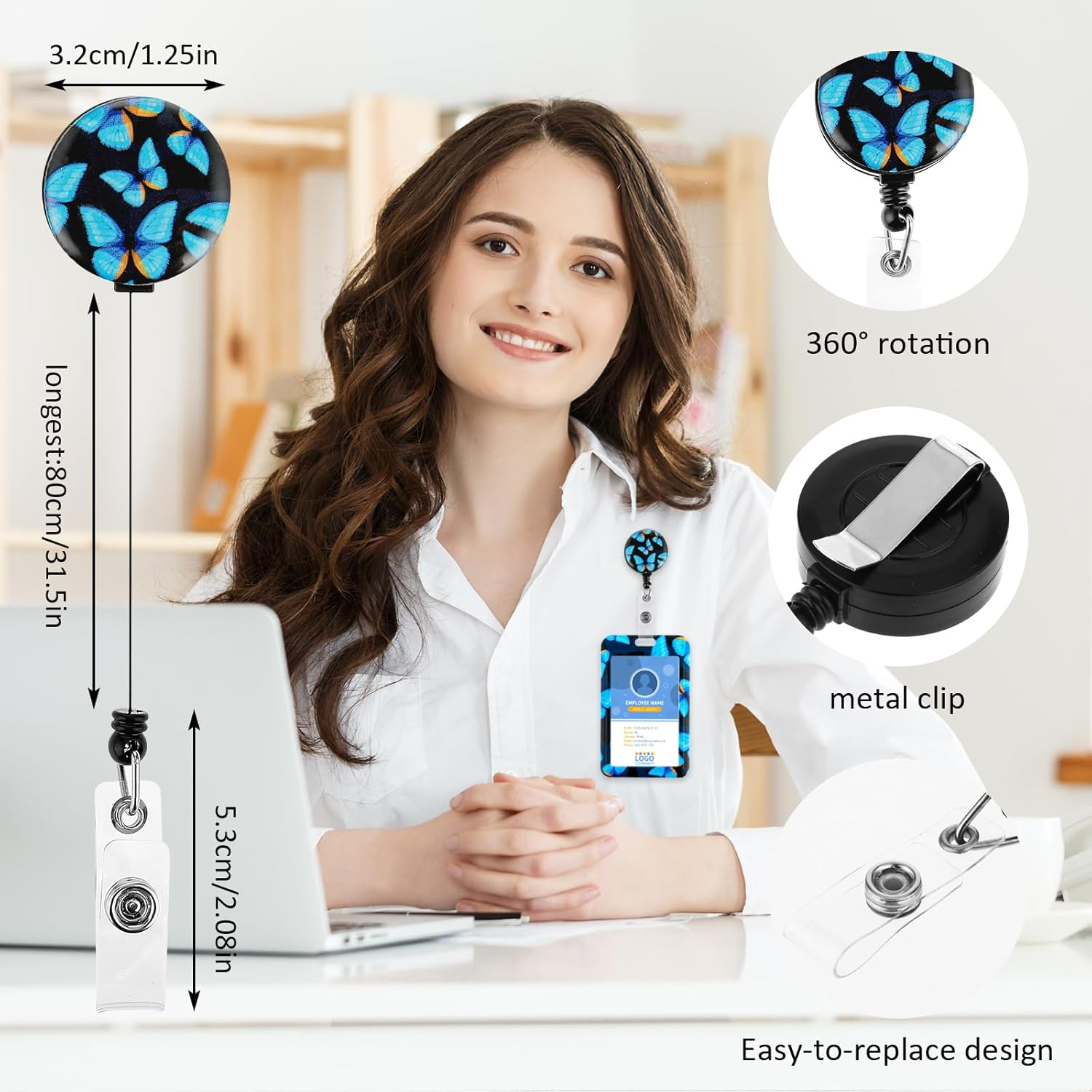 Amabro Butterfly Badge Holder with Lanyard, Retractable Badge Reel Clip Key Lanyard Cute ID Card Holder with Breakaway Lanyard Vertical ID Badge Holder Keychain for Women(Blue) image number 4