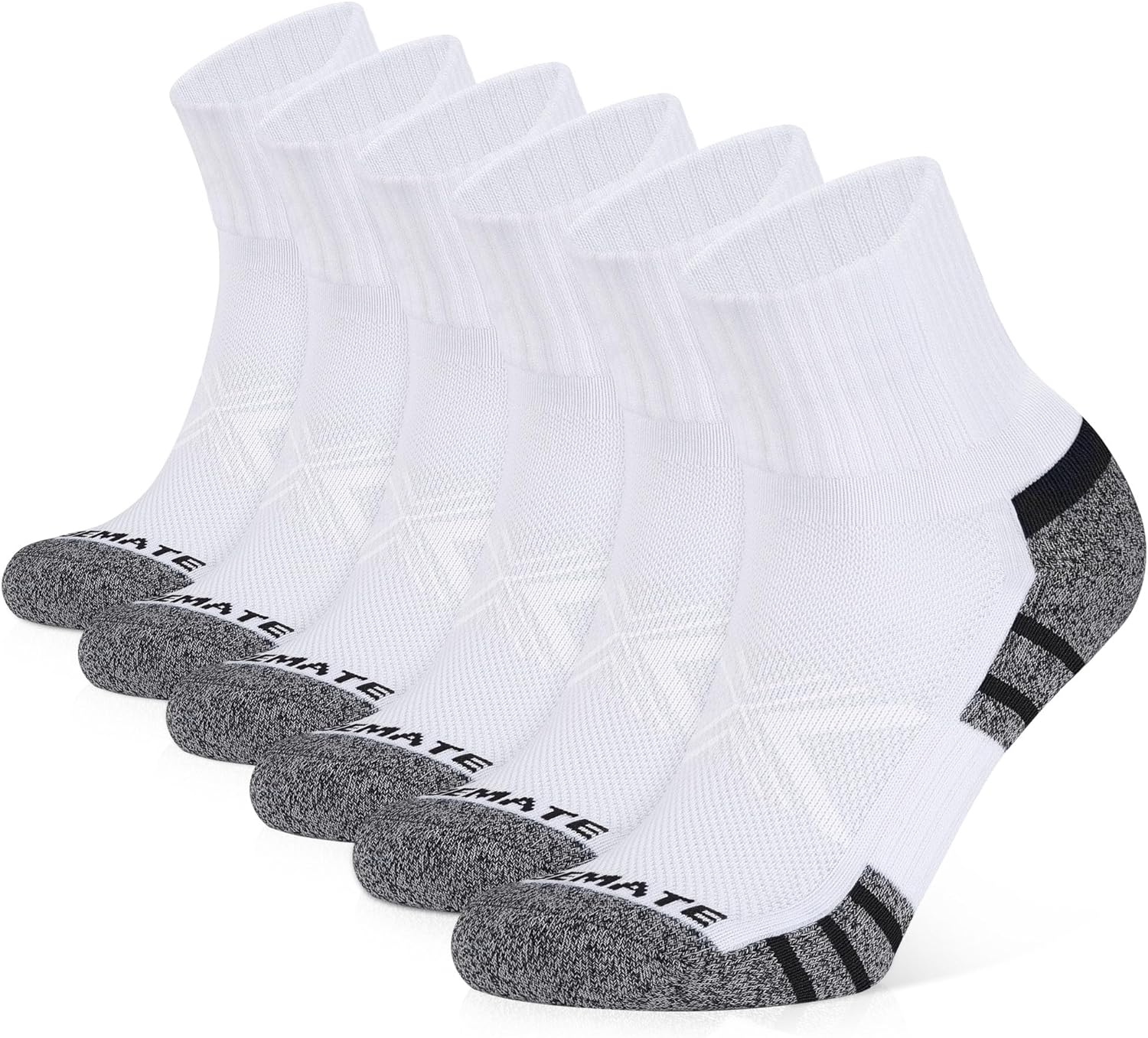 Closemate Mens Sports Trainer Quarter Socks White Black 6 Pairs Ankle Running Cotton Socks for Men and Women Non Slip anti Blister Breathable Performance Wicking Cushioned Athletic Mens Socks image number 3