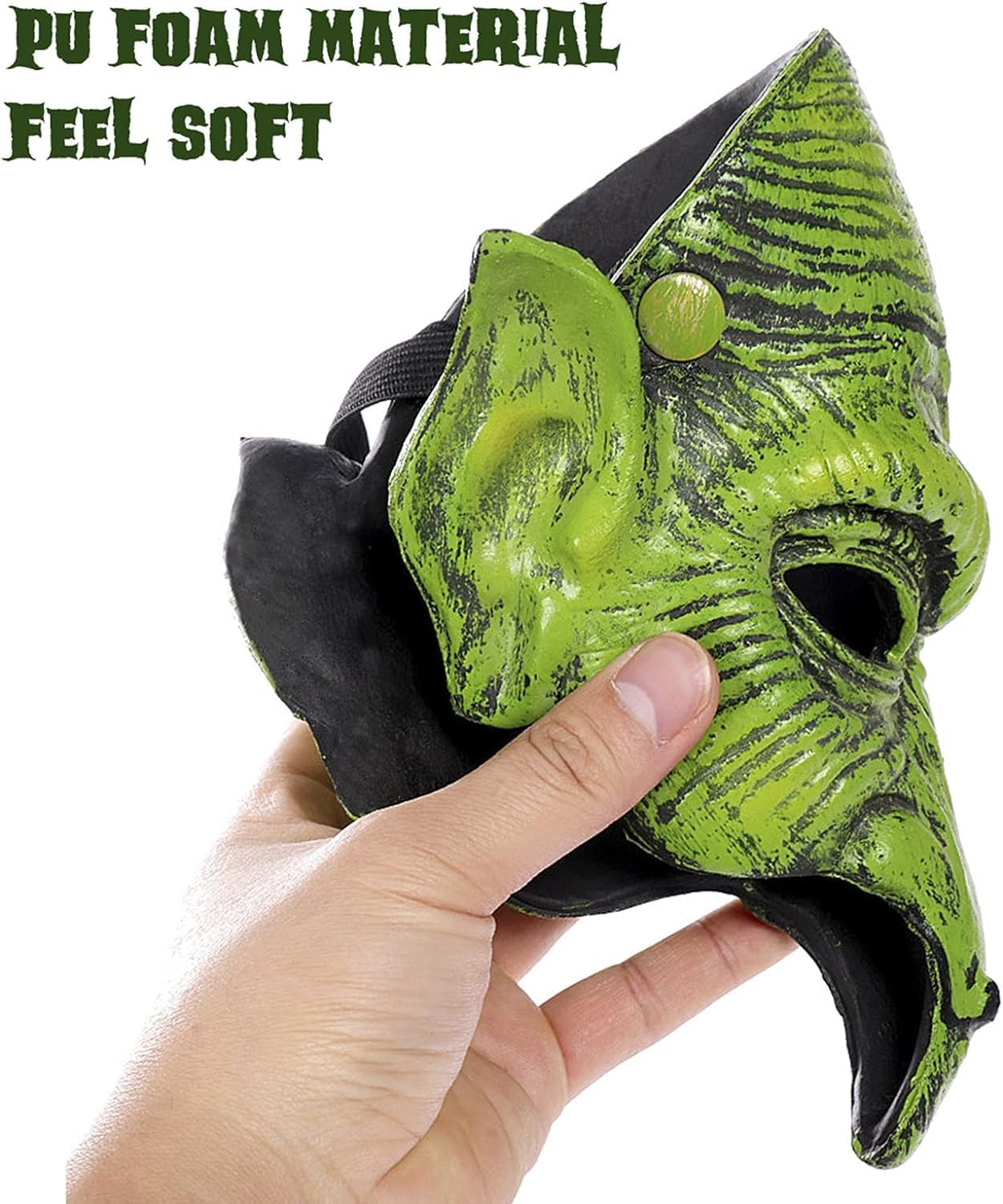 Witch Mask,Goblin Mask PU Foam Half Face Green Goblin Mask Face Cover without Chin for Women Girls Halloween Cosplay Carnival Party Dress up Costume image number 5