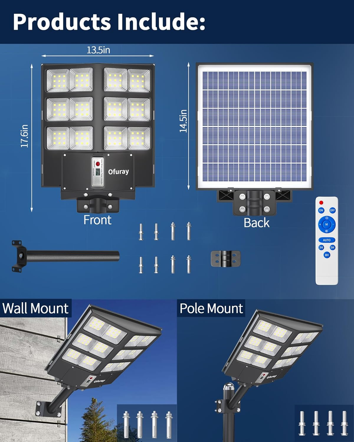 Ofuray 2000W Solar Street Lights Outdoor, 60000LM Commercial Solar Parking Lot Lights Dusk to Dawn 6500K,Ip67 Waterproof Security Flood Lights with Motion Sensor & Remote,For Yard, Garage, image number 4