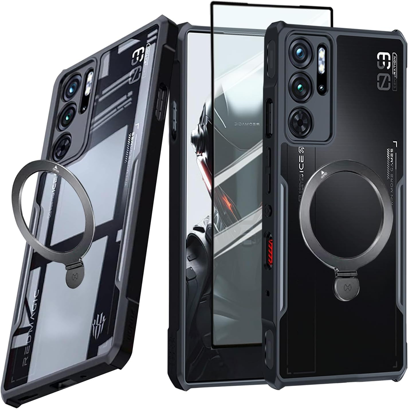 Guizzcg for ZTE Nubia Red Magic 9 Pro / 9 Pro+ / 9S Pro / 9S Pro+ Case with Ring Stand Holder, Soft TPU Bumper + Acrylic Back Military Grade Airbags Shookproof Drop Protection, Stand Black