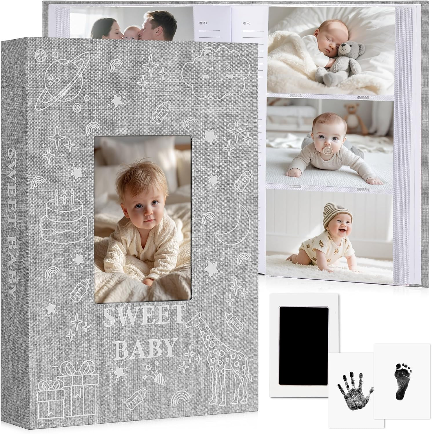 Baby Photo Album 6X4 300 Pockets with Memo Area & Hand and Footprint Kit, Linen Cover Slip-In Memory Book with Front Window, Acid-Free Keepsake for Newborn Boy Girl, First Year Moments