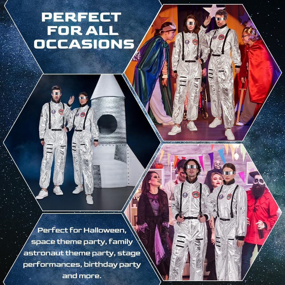 AUTOWT Astronaut Costume Jumpsuit Men'S Women&rsquo;S, Adult Shiny Silver Space Suit with Embroidered Patches and Pockets for Halloween Spaceman Unisex Costume Party Cosplay Carnival Outfits image number 5