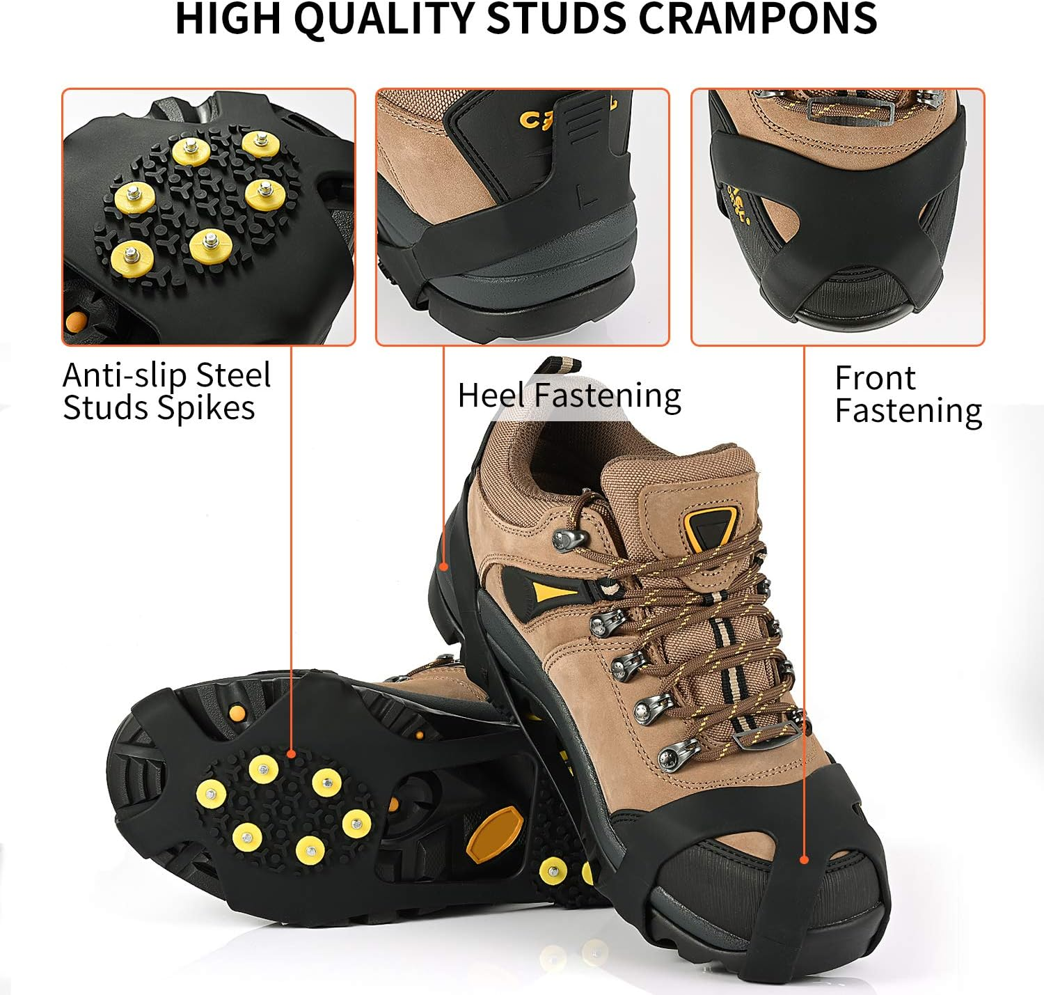 Ice Cleats, Ice Grips Traction Cleats Grippers Non-Slip over Shoe/Boot Rubber Spikes Crampons with 10 Steel Studs Crampons + 10 Extra Replacement Studs image number 4