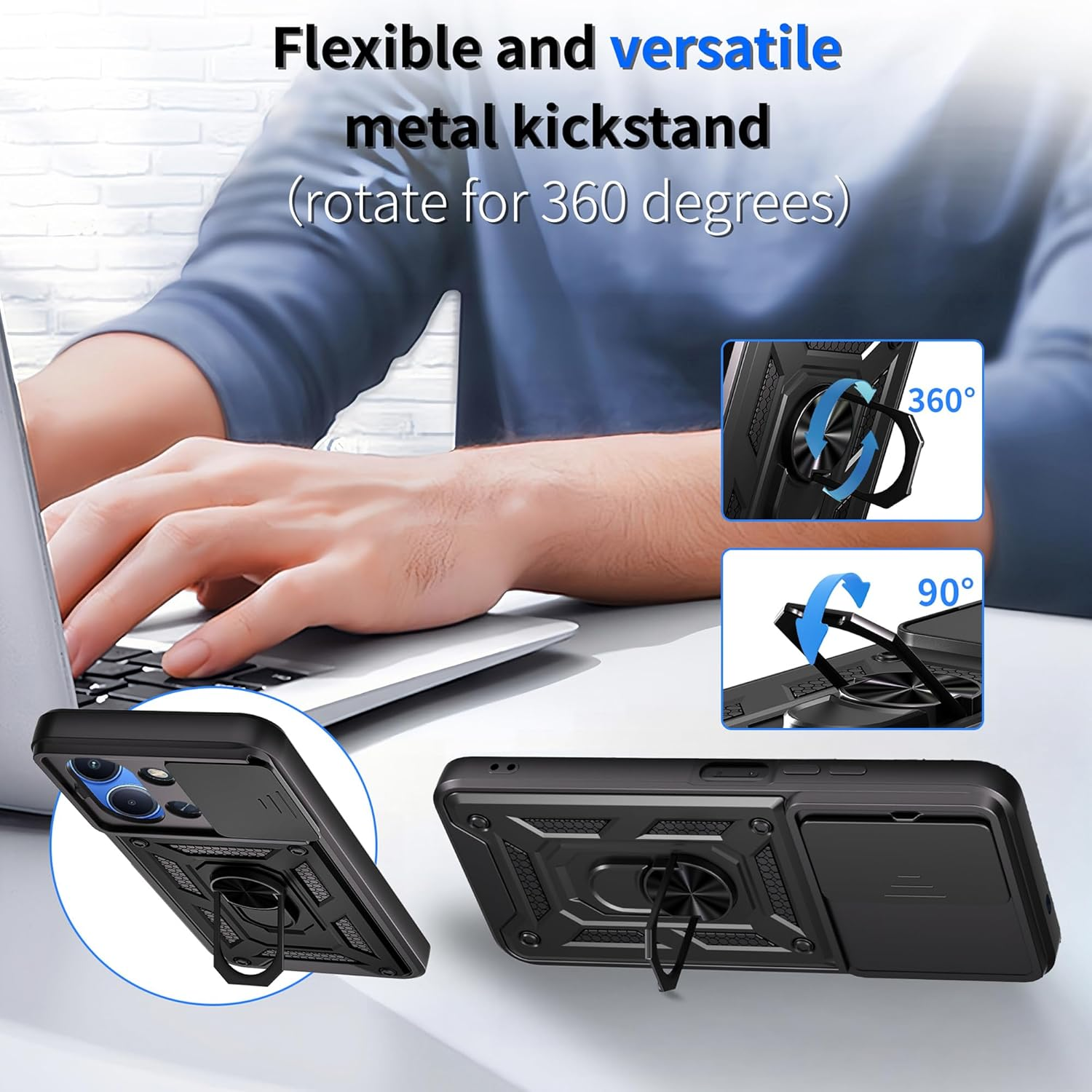 ESHUYI Case for Xiaomi Redmi 15C (4G/5G) with Slide Camera Cover [Camera Protection] [Ring Stand] [Case Compatible with Magnetic Car Mount] Shockproof Mobile Phone Case, Black image number 4