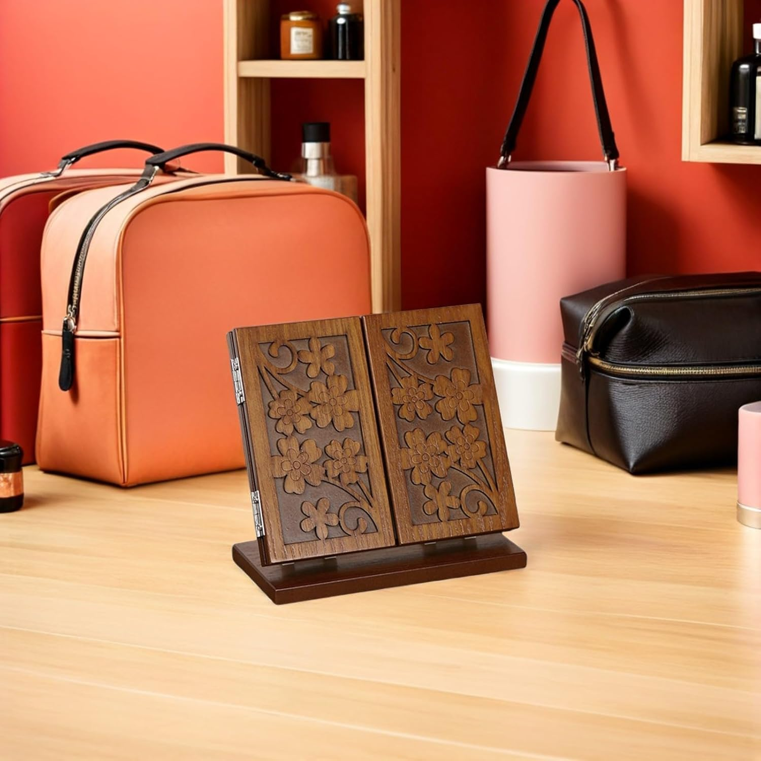 OKUMEYR Wooden Foldable Three-Sided Desktop Makeup Mirror with Clover Carving, Vintage Style Cosmetic Mirror for Indoor Vanity and Girl Makeup Tool, Cherry Wood Color image number 5