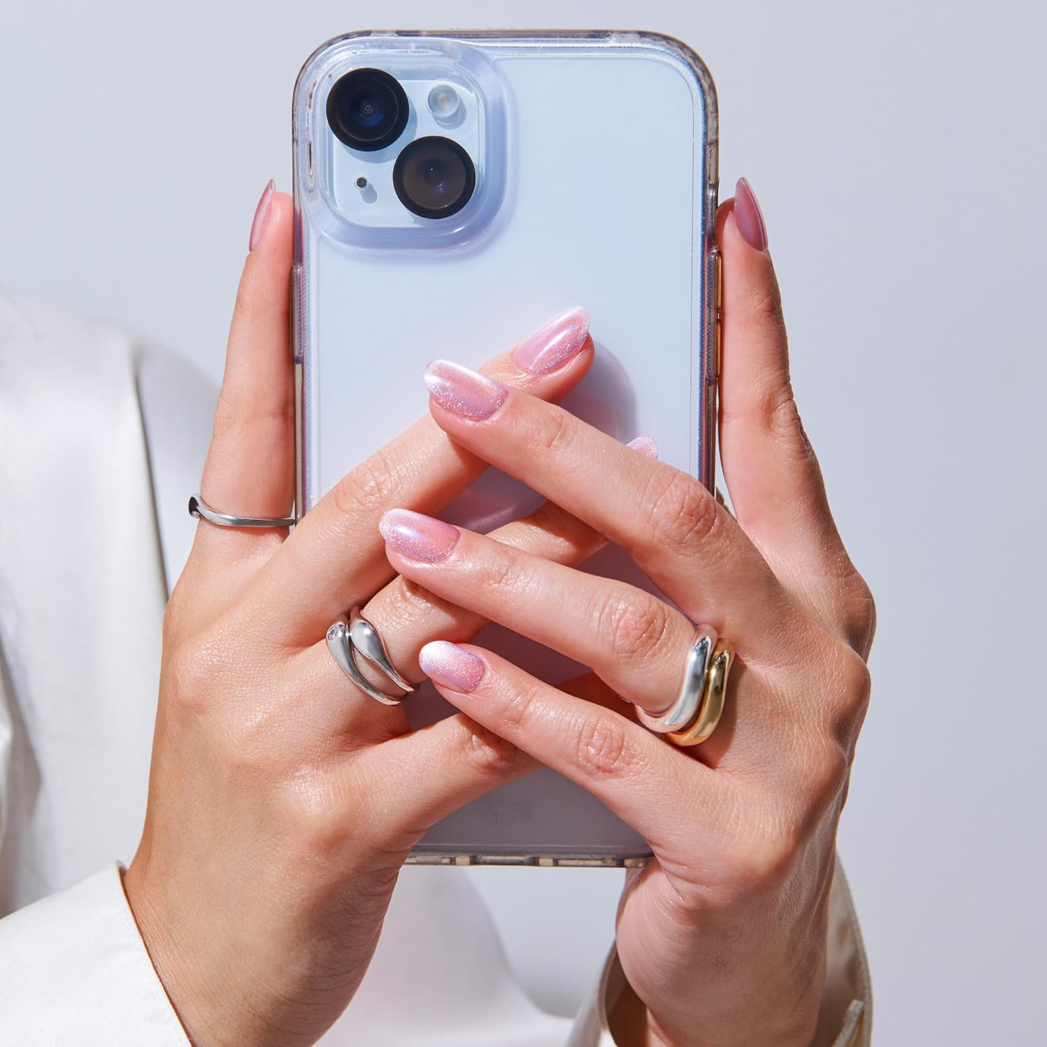 KISS Colorfx by Impress Press on Nails , &lsquo;Starry&rsquo;, Solid Light Pink with Pearlescent Finish, Short Oval, IMPROVED Adhesive, Includes 30 Fake Nails, Prep Pad, 1 Manicure Stick, 1 Mini Nail File image number 3