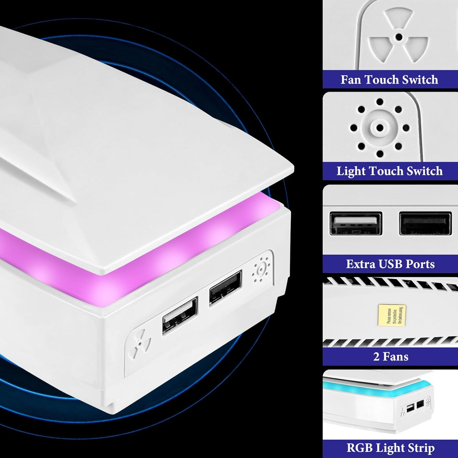 Geekria RGB Cooling Fan Compatible with PS5 Slim Disc & Digital, Top Heat Dissipation Dust Fans, Chilling System with 3 Speed Level Adjustable, 8 Modes Light and 2 USB Port image number 2