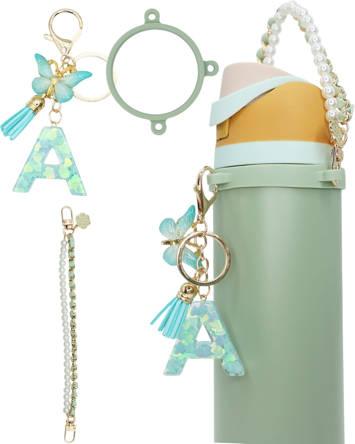 TOVICE Letter Accessories for Owala Water Bottle 24-40Oz, 3PC Cute Initial Keychain & Water Bottle Handle Strap with a Thick Elastic Silicone Ring Holder