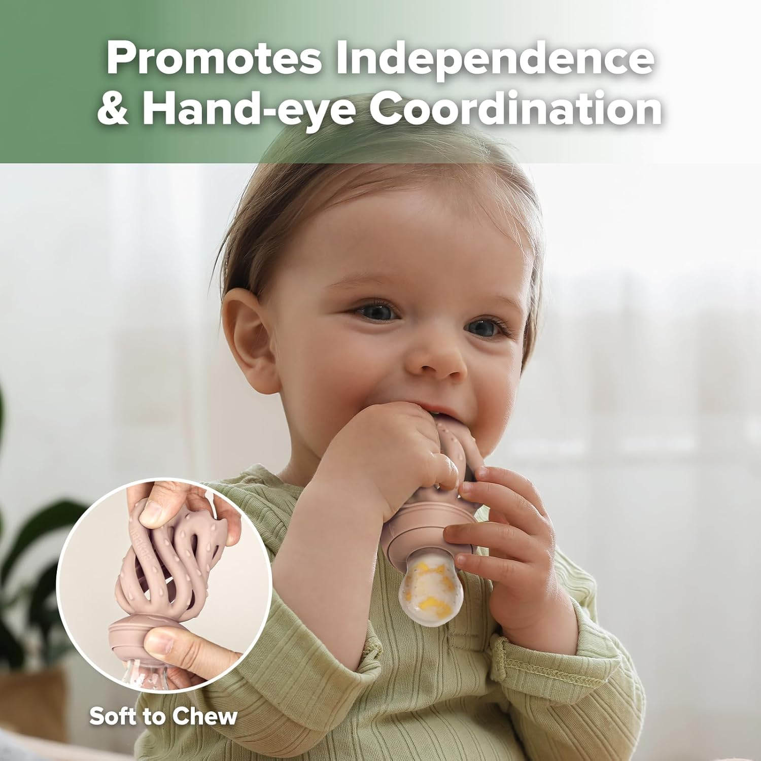 Haakaa Octopus Baby Fruit Food Feeder & Mini Freezer Nibble Tray Combo, Breastmilk Popsicle Molds for Cooling Relief, BPA Free Silicone Feeder for Safe Infant Self Feeding, 4 Month+ (Blush) - Mustard image number 5