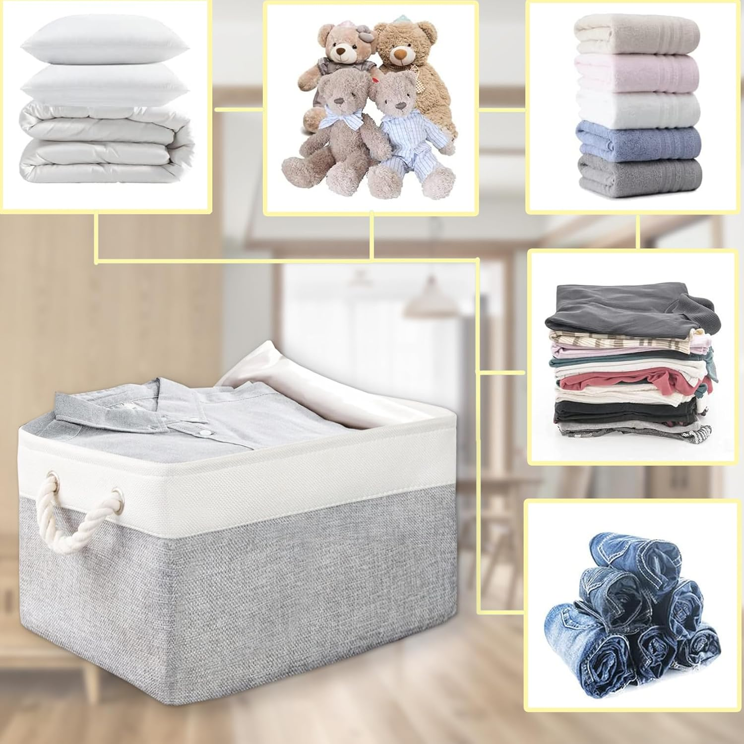 6-Pack Collapsible Fabric Storage Baskets, 38X28X24Cm Rectangular Organizer Bins for Shelves, Closets, Nursery, Home, Office, and Gift Storage, White & Grey image number 4