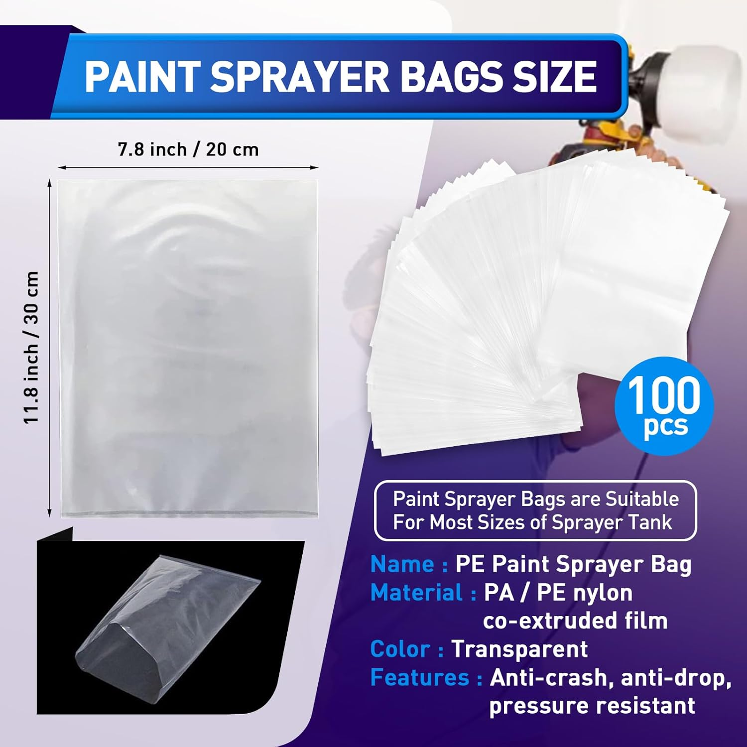Paint Sprayer Parts - 100 Pcs Bags, 7.8'' X 11.8'' Cup Liners, Transparent Spray Gun Canister Liners for Wagner Paint Sprayer image number 2
