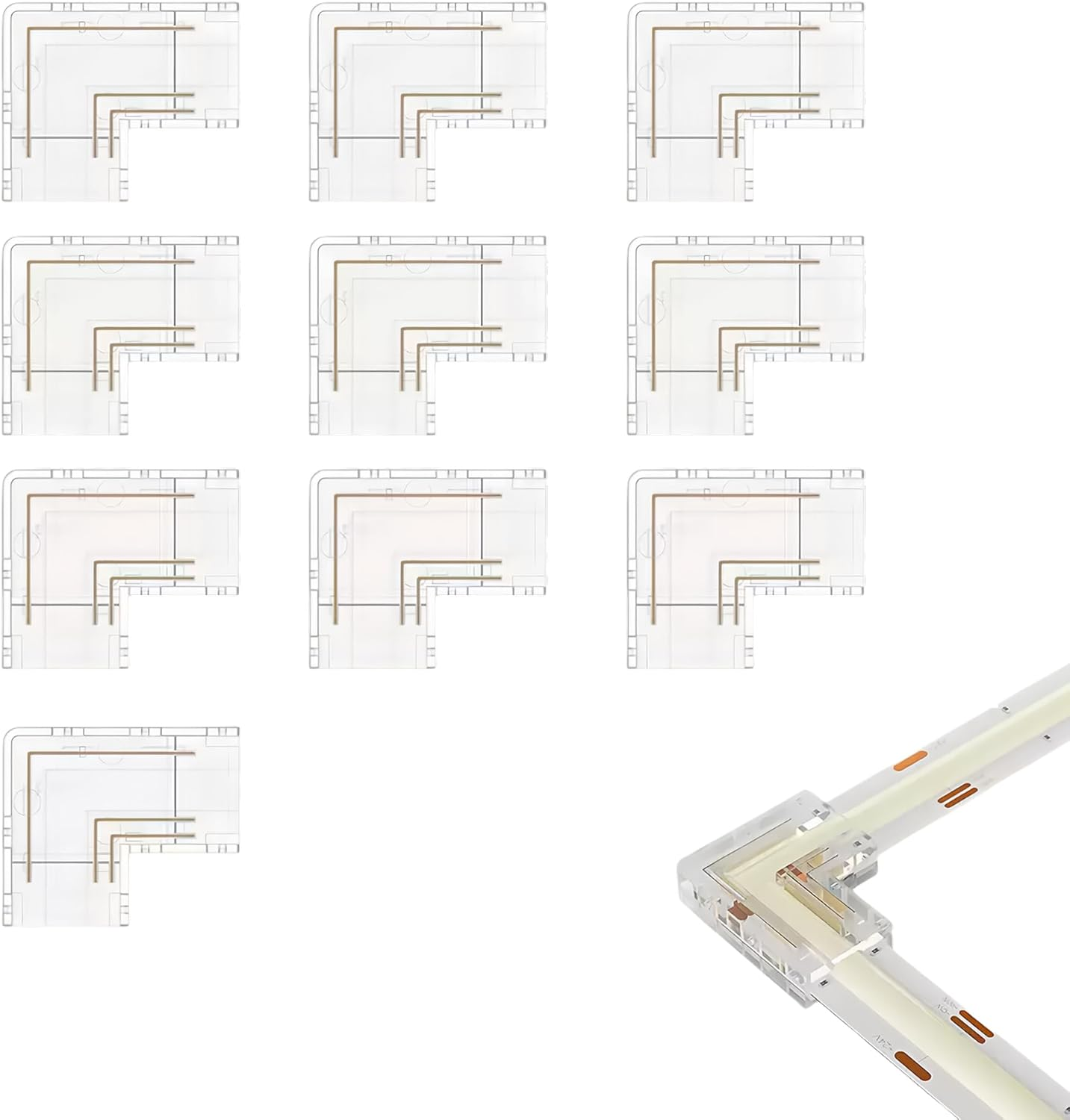Clearhill 8Mm 2Pin 10Packs Transparent Solderless L-Shape COB LED Strip Connectors,90&deg;Right Angle Corner Joints for 5V 12V 24V Single Color LED Strip Lights,Seamless Corner Connection. image number 2