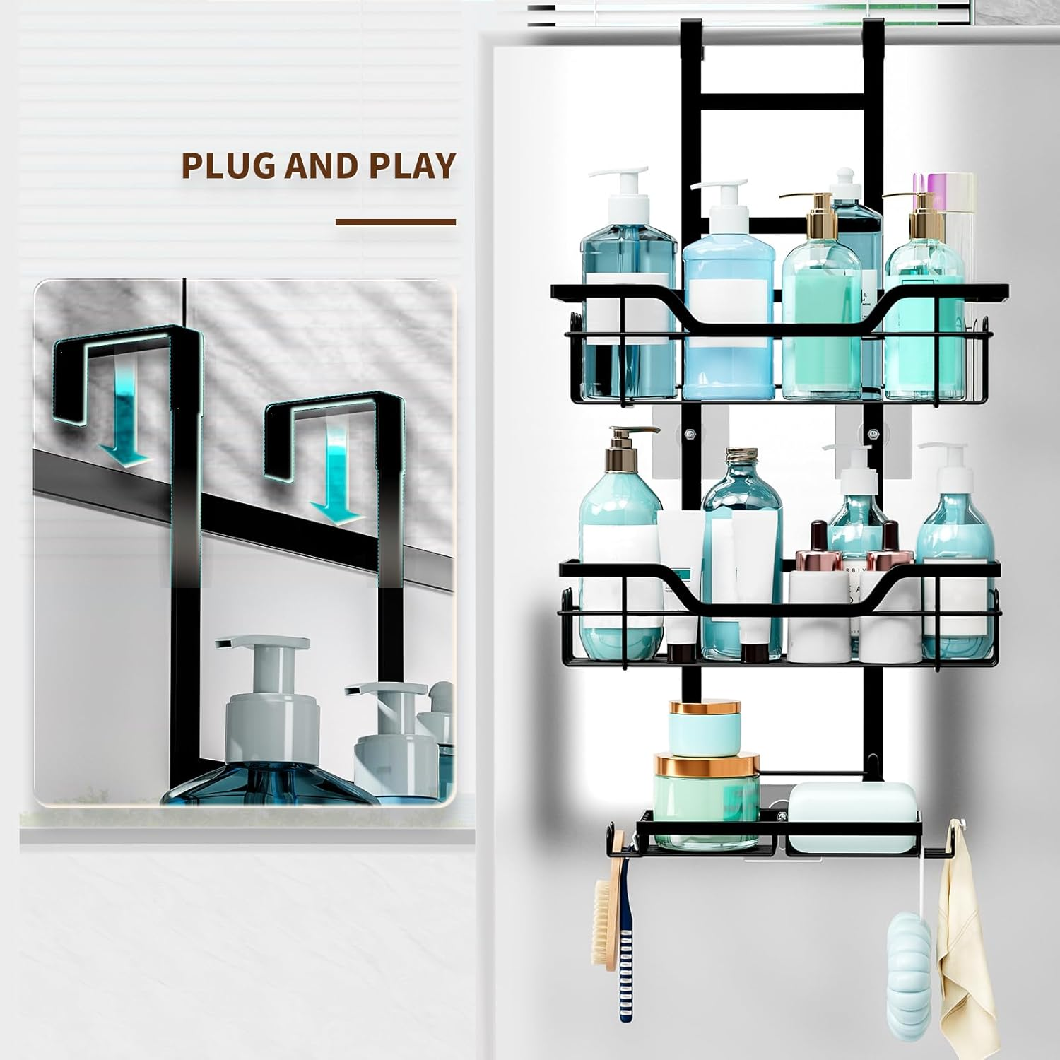 Sandream over the Door Shower Caddy, 3 Tier No Drilling Shower Caddy Hanging with Hooks for Razor and Sponge, Rustproof Bathroom Storage Shelf Rack with Soap Holder - Black image number 1