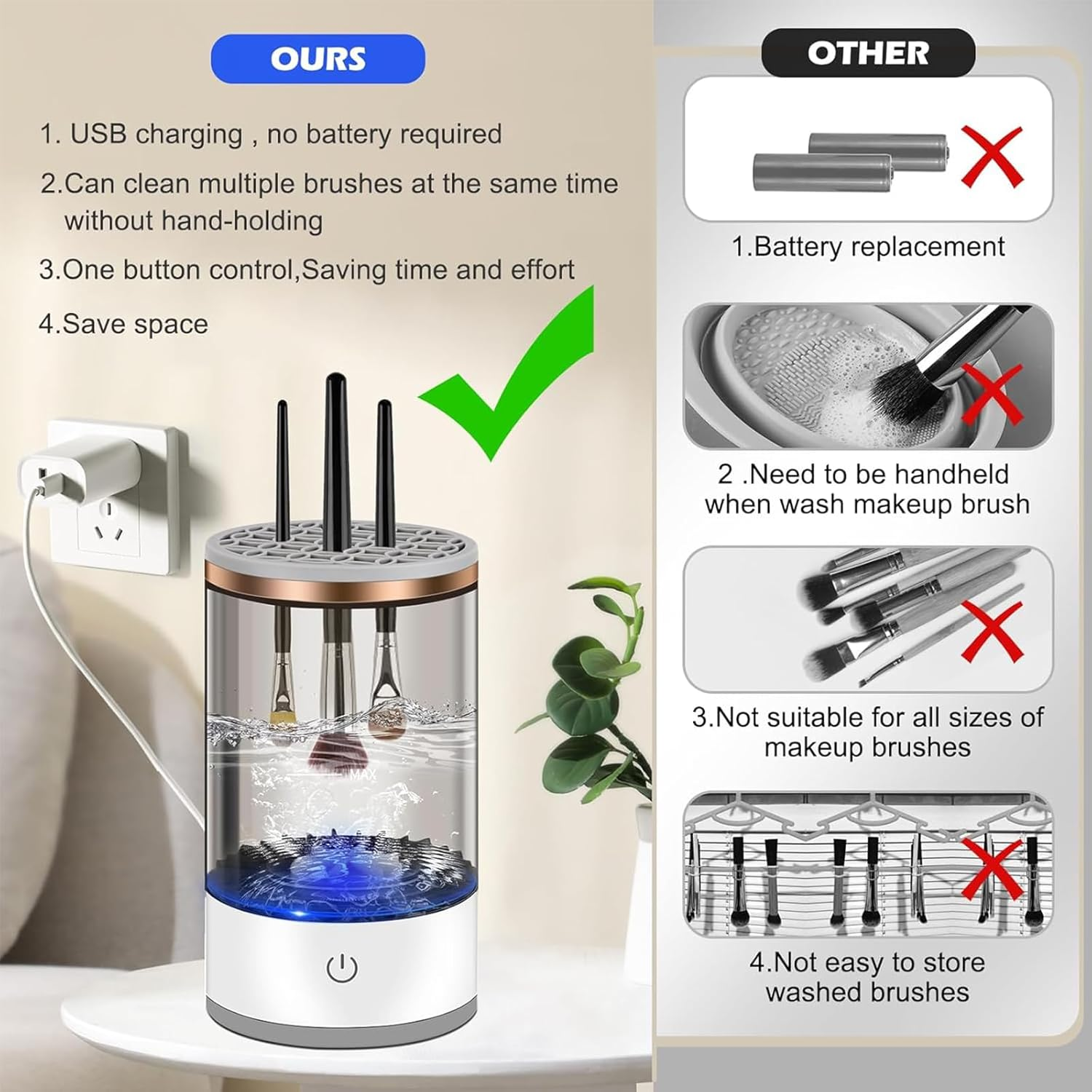 Annuoyi Electric Makeup Brush Cleaner,Automatic Spinning Cosmetic Brush Cleaner Machine with Brush Clean Mat USB Charging,For All Size Beauty Makeup Brushes Set image number 4