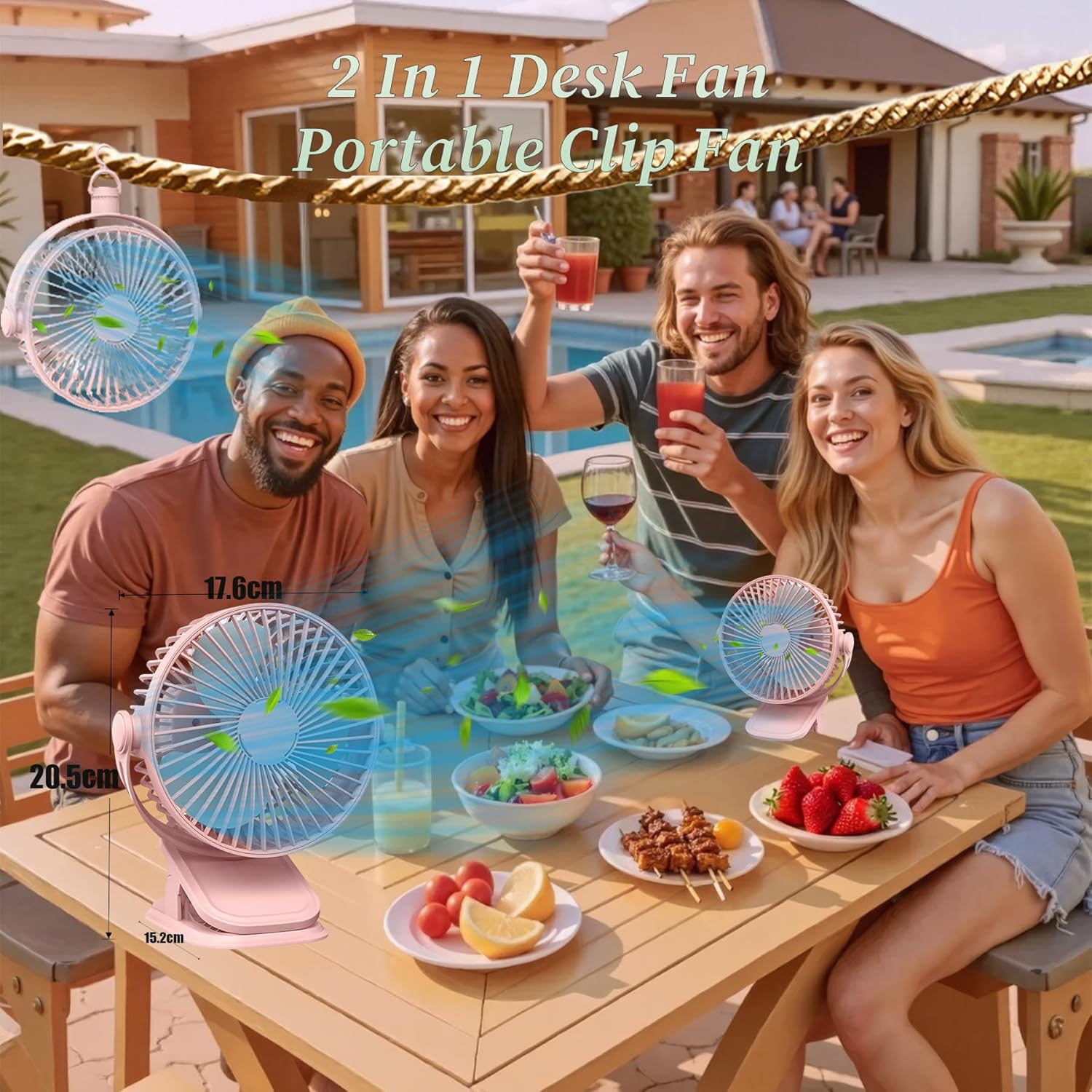 Wakouter Portable Clip on Fan, USB Rechargeable Mini Personal Cooling Fan, with LED Lights, 5 Speed 360&deg; Rotate Stroller Fan, for Office, Stroller, Bedroom and Camping (Pink)