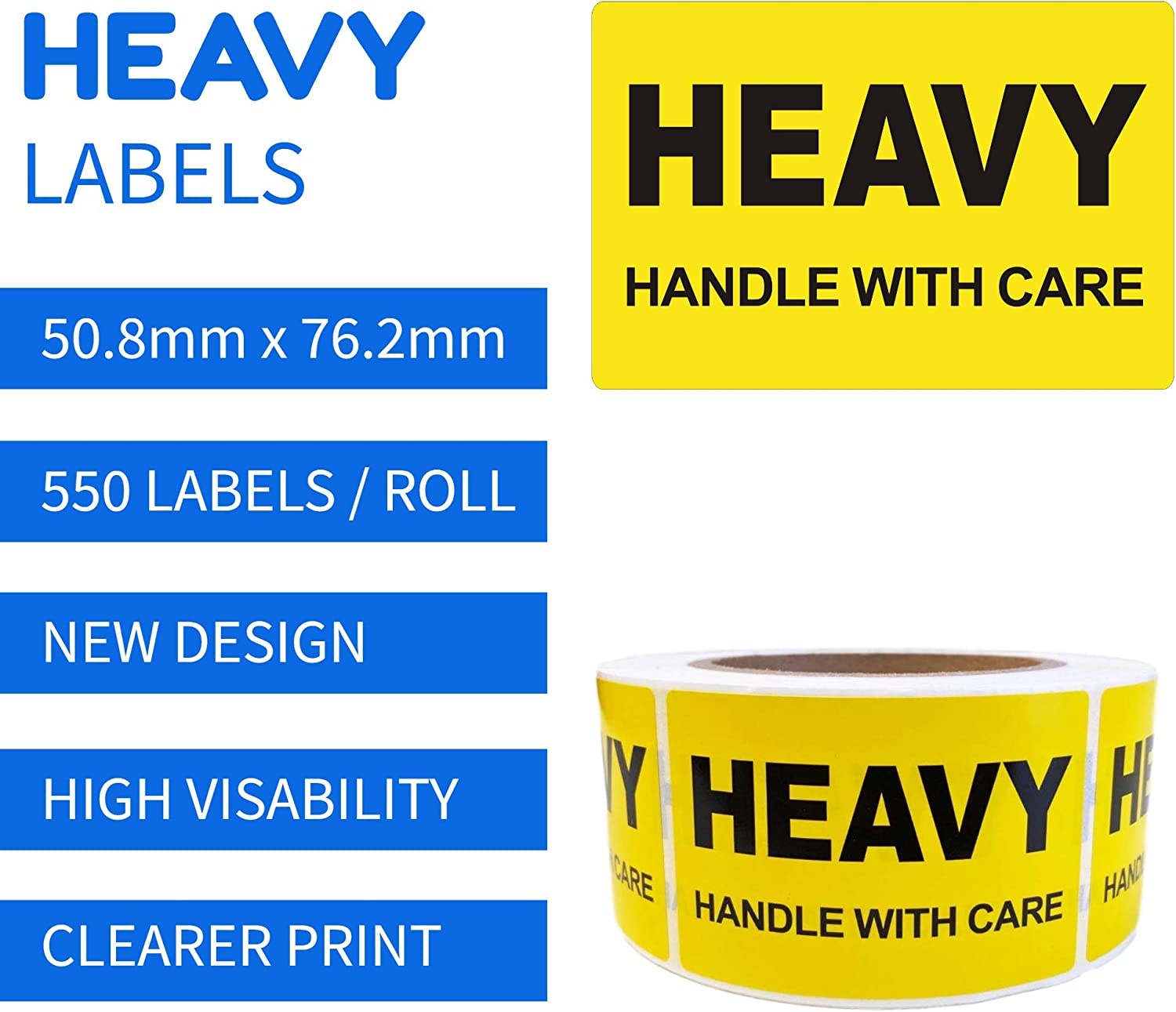 Heavy Printed Label 50.8X76.2Mm Handle with Care 2X3 Inch Adhesive Yellow Sticker for Applying on Cardboard Boxes, Satchels, Pallet Wrap 550 Labels per Roll&hellip;