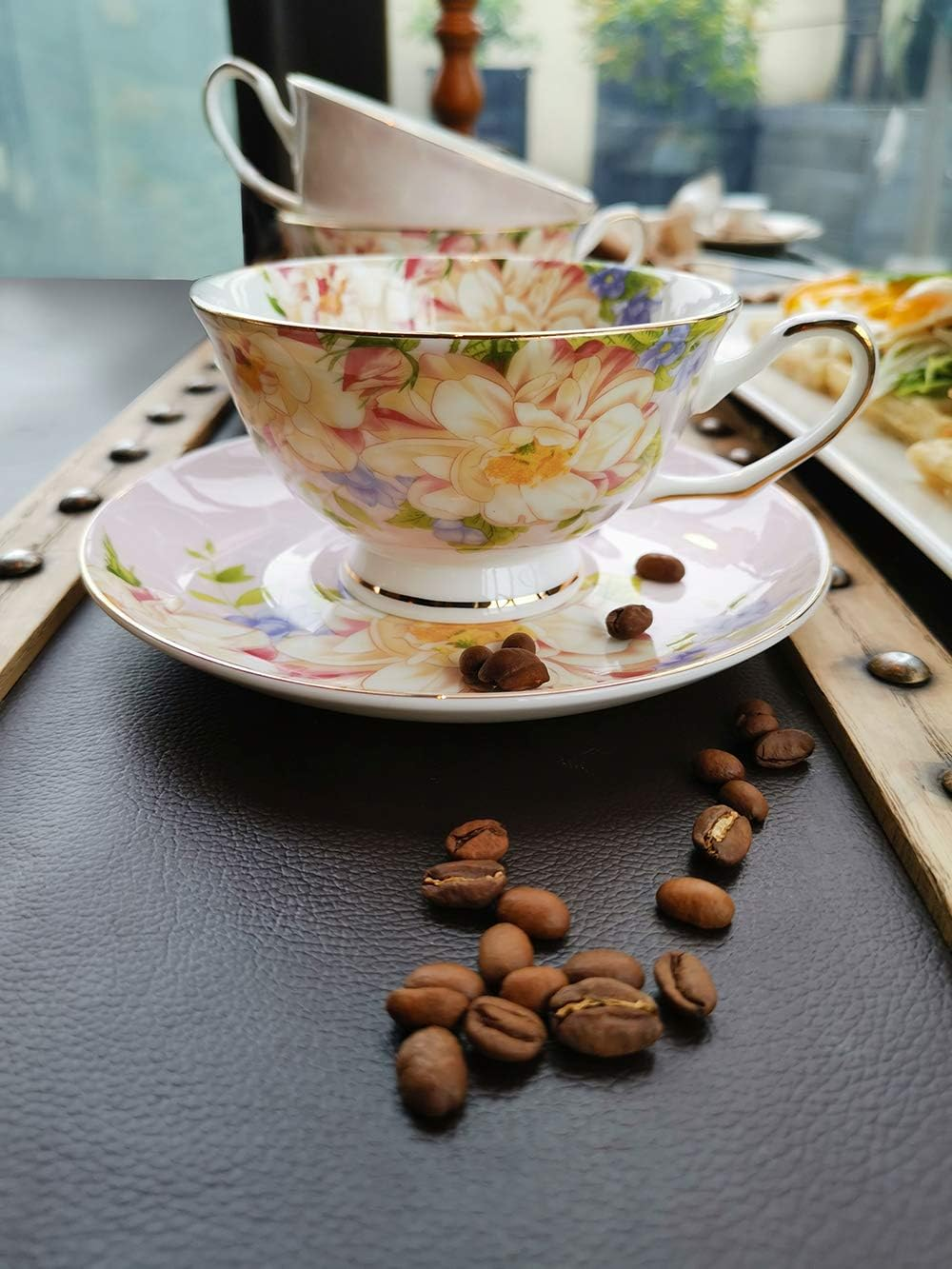 Jinglory Tea Cups,Floral Tea Cups and Saucers Set with Spoon,Bone China Tea Set,Coffee Cups,Tea Sets for Adults/Women/Men/Friends Tableware 10.5X5.8 Pink - Blue image number 5