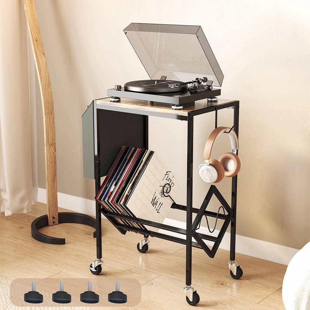 Record Player Stand, Double Layer Record Rack, Iron Storage Side Table, Turntable Stand for Albums 70-90 Lps Black 43.5 X 33.5 X 65.5 CM image number 4