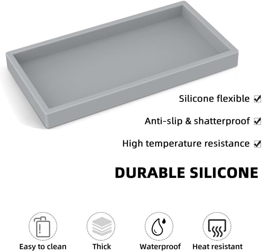 2Pcs Silicone Vanity Tray for Counter,Bathroom Tray, Resin Soap Dispenser Tray Kitchen Sink Tray,Small Marble Tray for Bathroom Countertop Organizer for Jewelry,Cosmetics,Perfumes & Shampoo (Black) image number 2